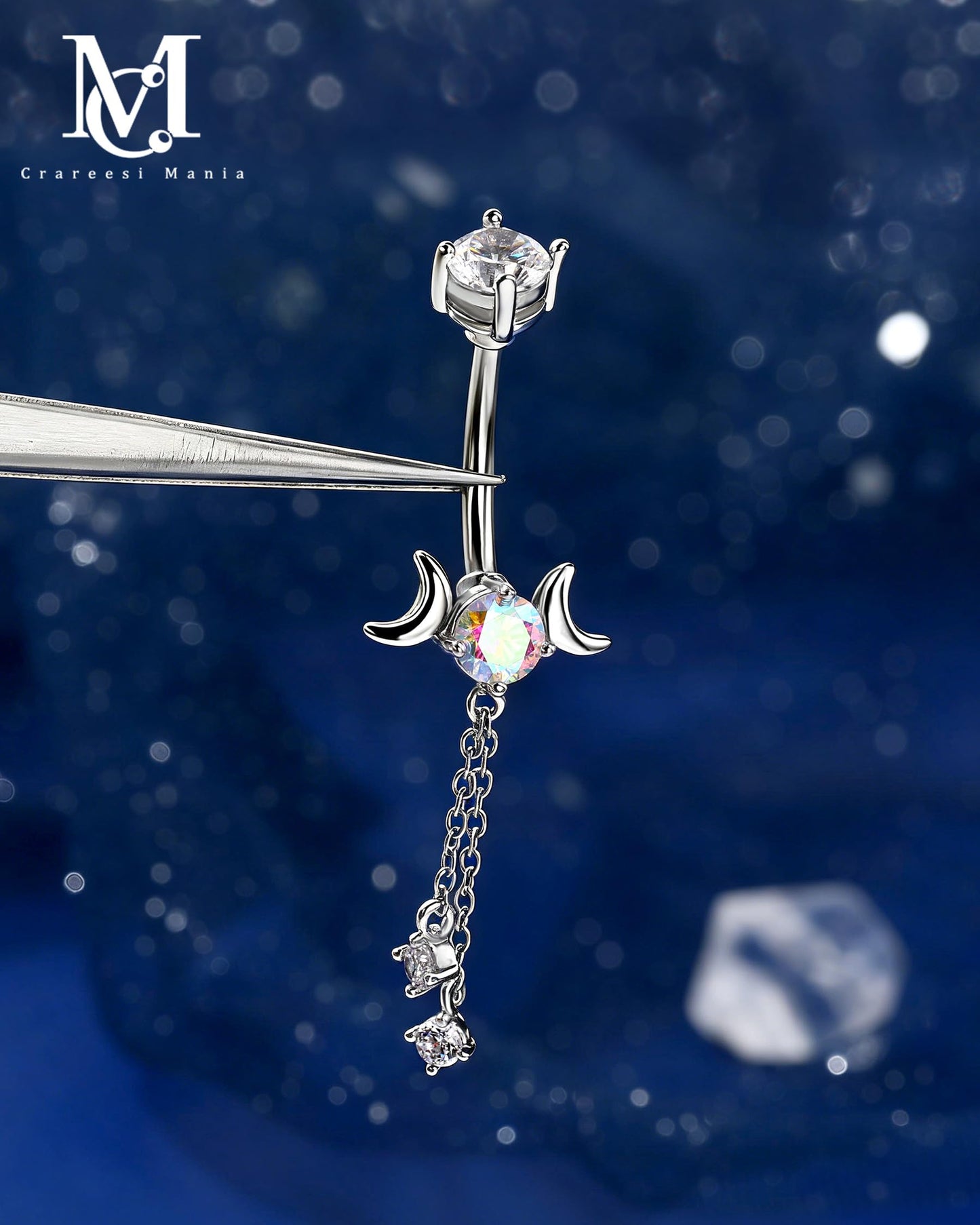 CM Crareesi Mania Dangle Belly Button Rings 14G Dangle Chain Belly Rings Moon Phase 316L Surgical Steel Belly Piercing Jewelry 10mm