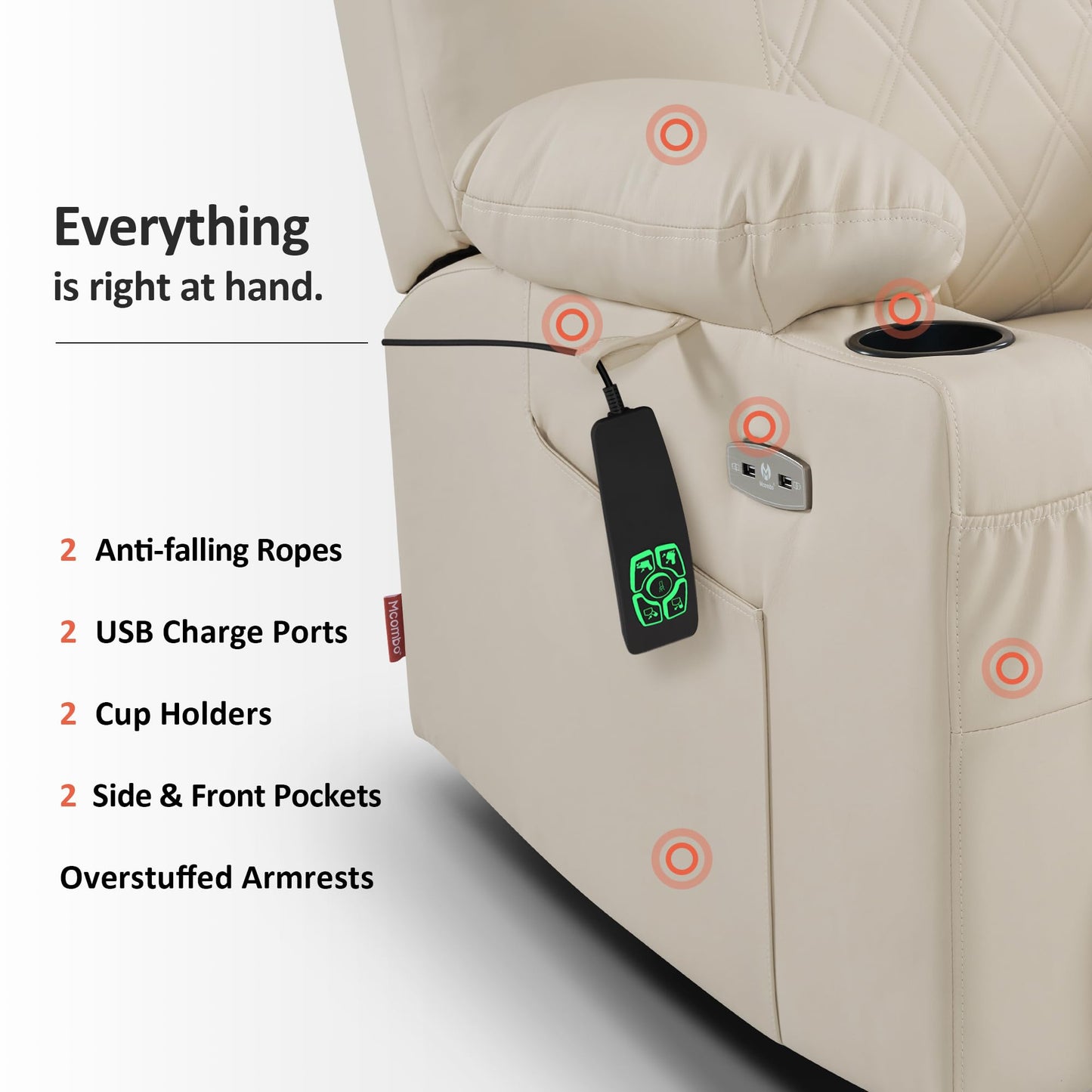MCombo Small Power Lift Recliner Chair Sofa with Massage and Dual Heating, Adjustable Headrest for Elderly People Petite, USB Ports, Faux Leather 7111 (Cream White)