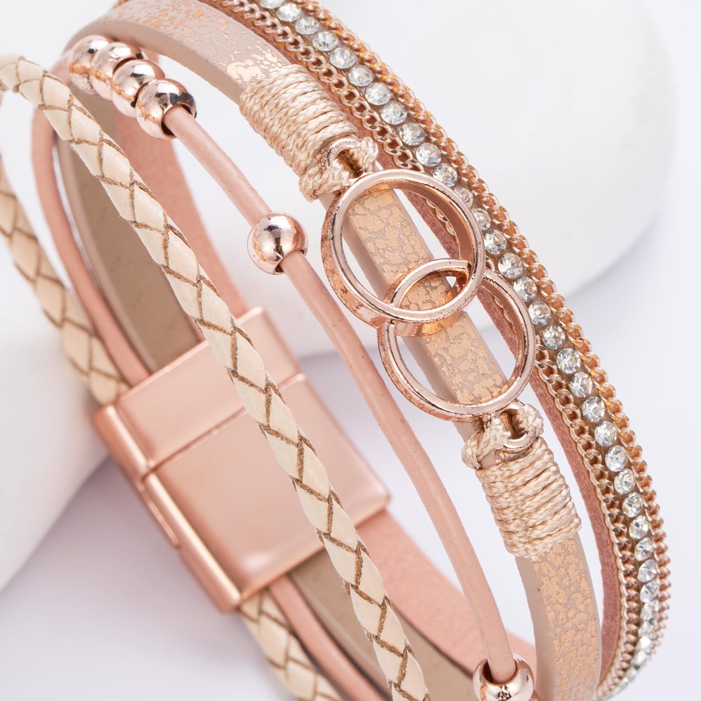 FANCY SHINY Boho Leather Wrap Bracelet Stackable Beaded Infinity Chunky Cuff Bracelets with Magnetic Clasp Western Hippie Outfits Jewelry Gifts for Women(Rose Gold)