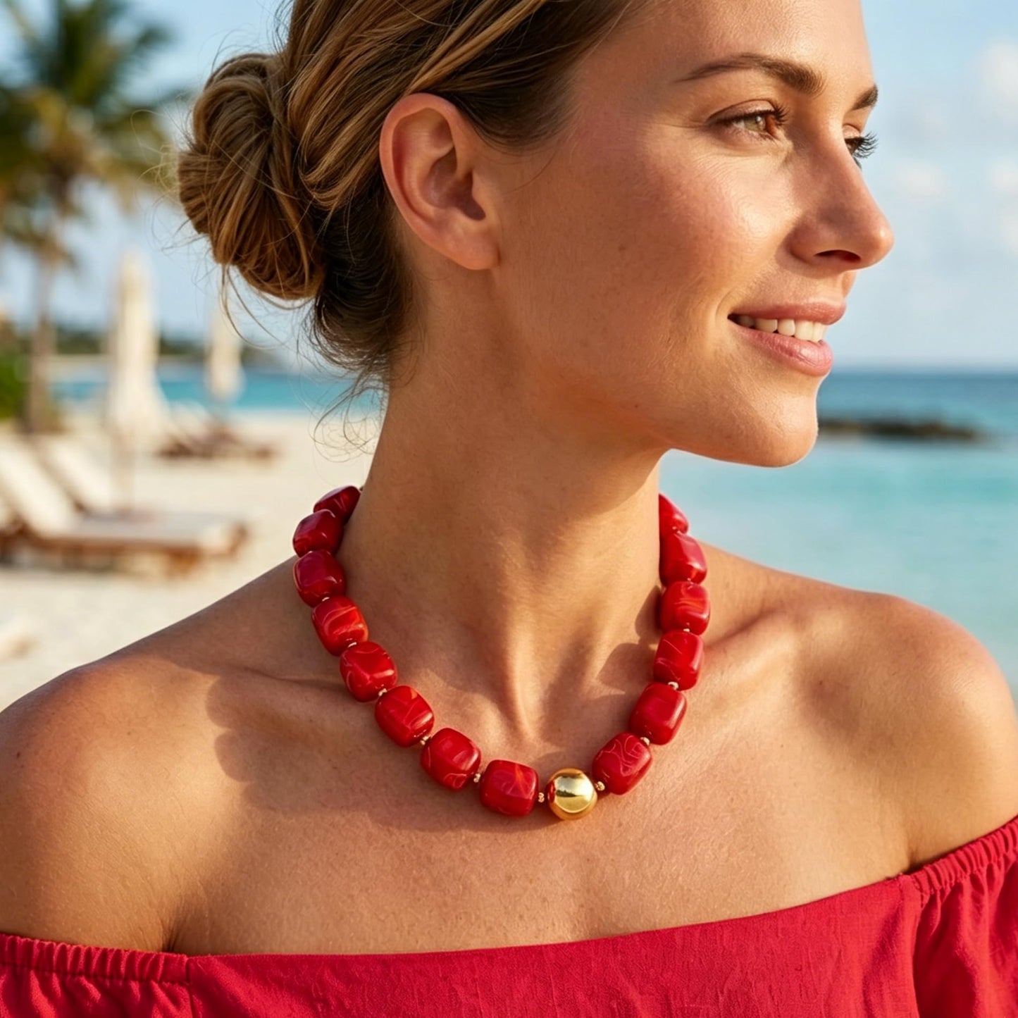 WOWORAMA Chunky Beaded Choker Necklace for Women Deep Red Large Square Resin Beads Necklace Trendy Statement Chunky Necklaces Holiday Party Jewelry