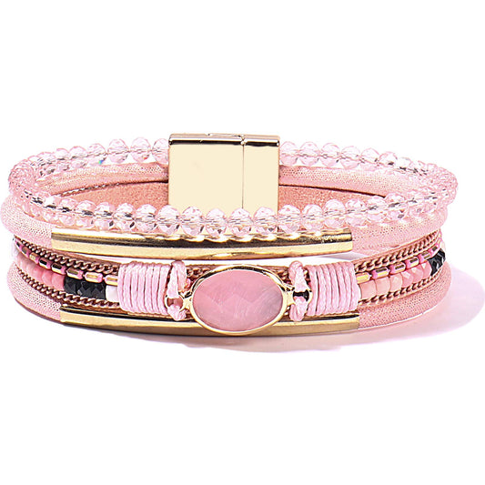 FANCY SHINY Leather Wrap Bracelets Crystal Beads Bracelet Boho Cuff Stone Charm Bracelets with Clasp Costume Jewelry for Women(Pink)