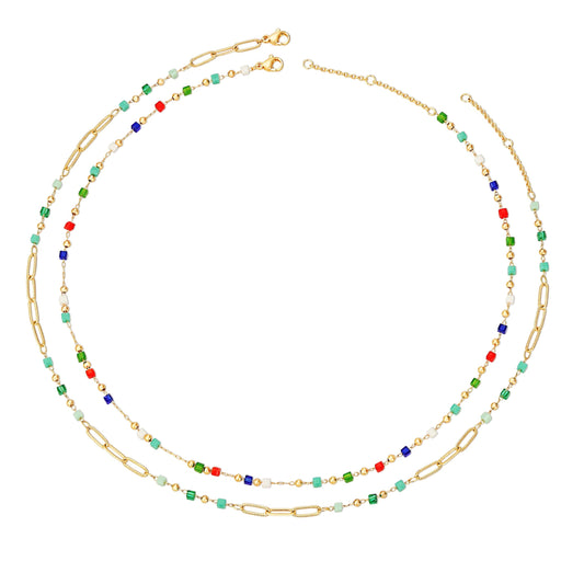 MTMY Beaded Necklaces for Women 14K Gold Plated Dainty Colorful Green/Rose Beaded Pearl Choker Necklace Delicate Boho Jewelry Gift (Layer-mix color)