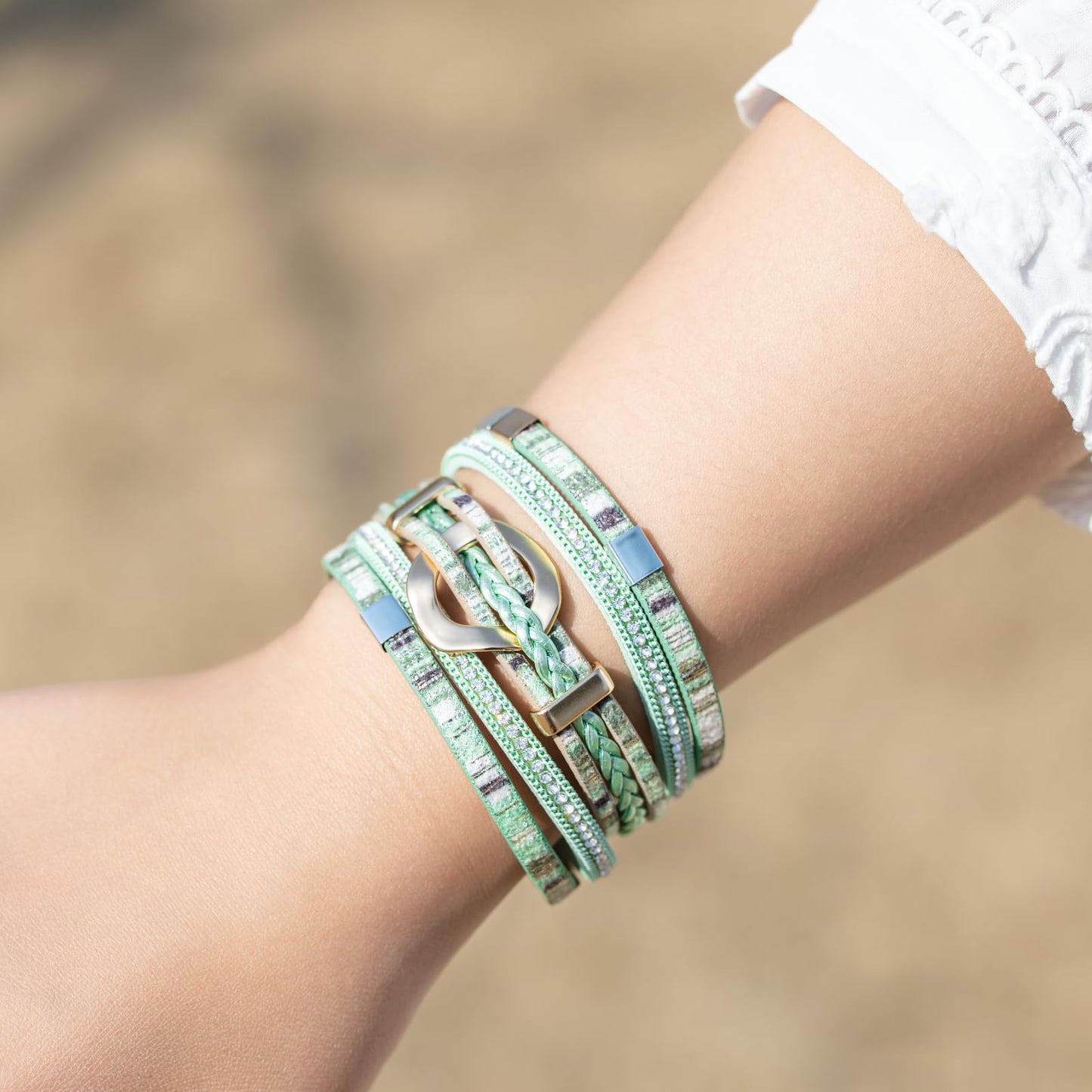FANCY SHINY Boho Leather Wrap Bracelets Circle Square Bead Braided Handmade Stackable Bracelet Trendy Cuff Bangle for Women(Boho Green)
