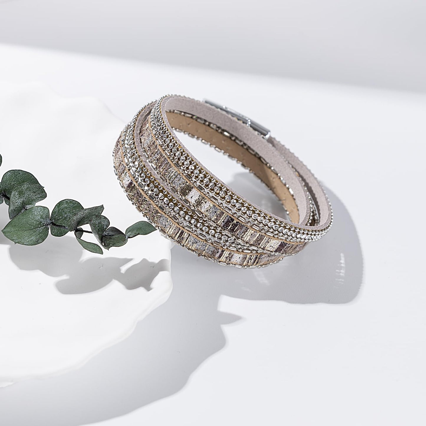 FANCY SHINY Boho Leather Wrap Bracelet Stackable Crystal Rhinestone Bangle Cuff with Magnetic Clasp Trendy Bohemian Jewelry for Women(grey)