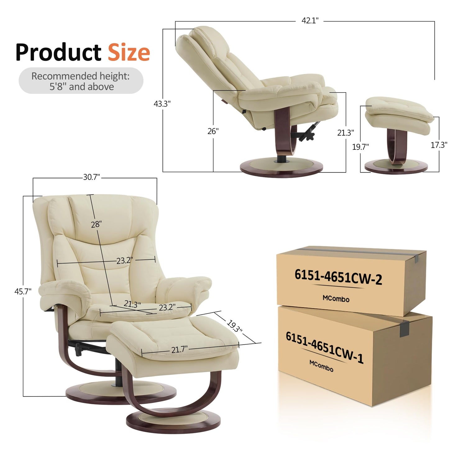 MCombo Oversized Swivel Recliner Chair with Ottoman, Adjustable Backrest, 360° Wood Base, High Seat, Faux Leather Lounge Chair for Tall Users in Living Room Office 4651 (Cream White)