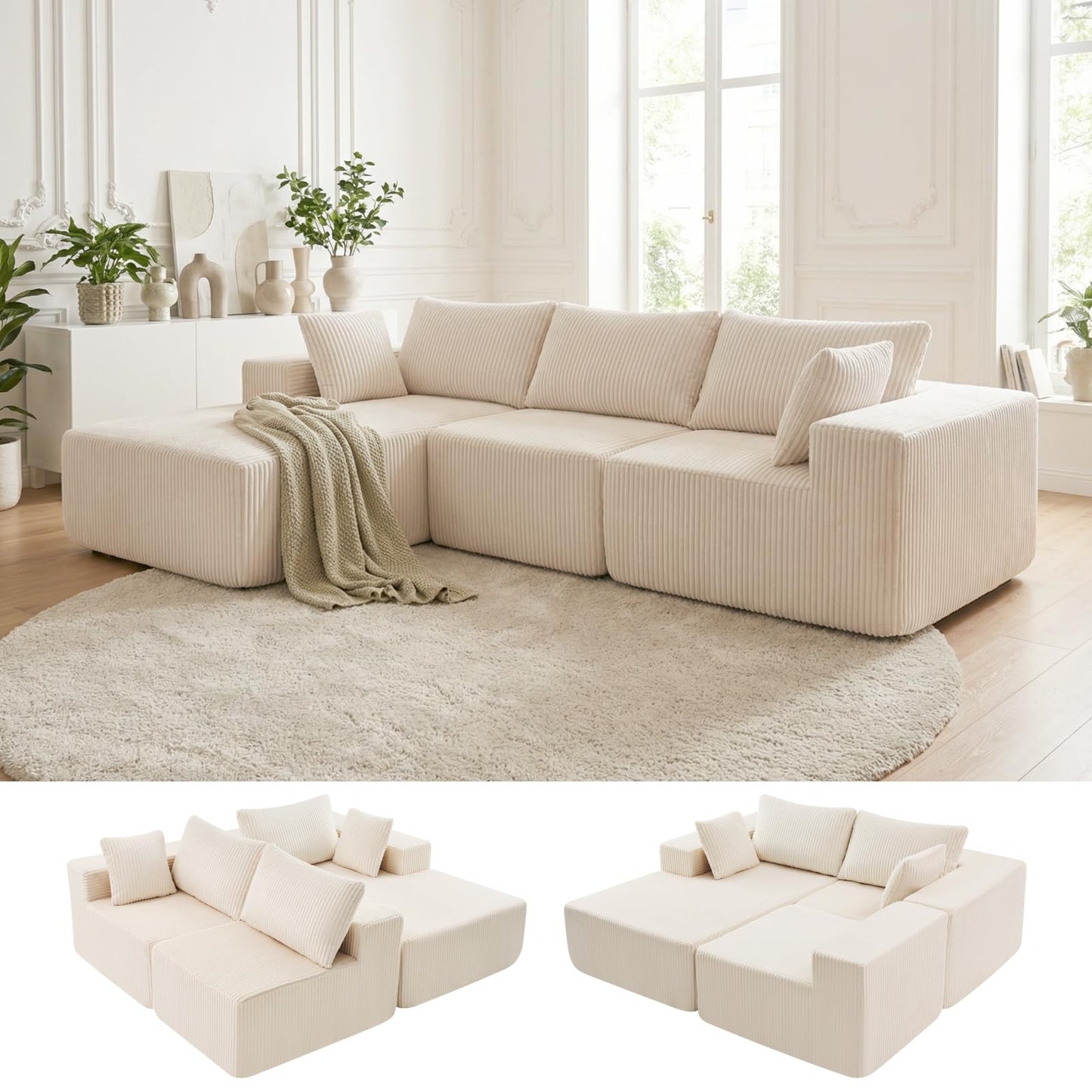 DUMOS 108” Modular Sectional Sofa, Cloud Sectional Couch with Deep Seat, Modern Modular L-Shape Sofa Couch with Chaise,Upholstered Boneless Couches for Living Room Bedroom (Beige,Left Facing Chaise)