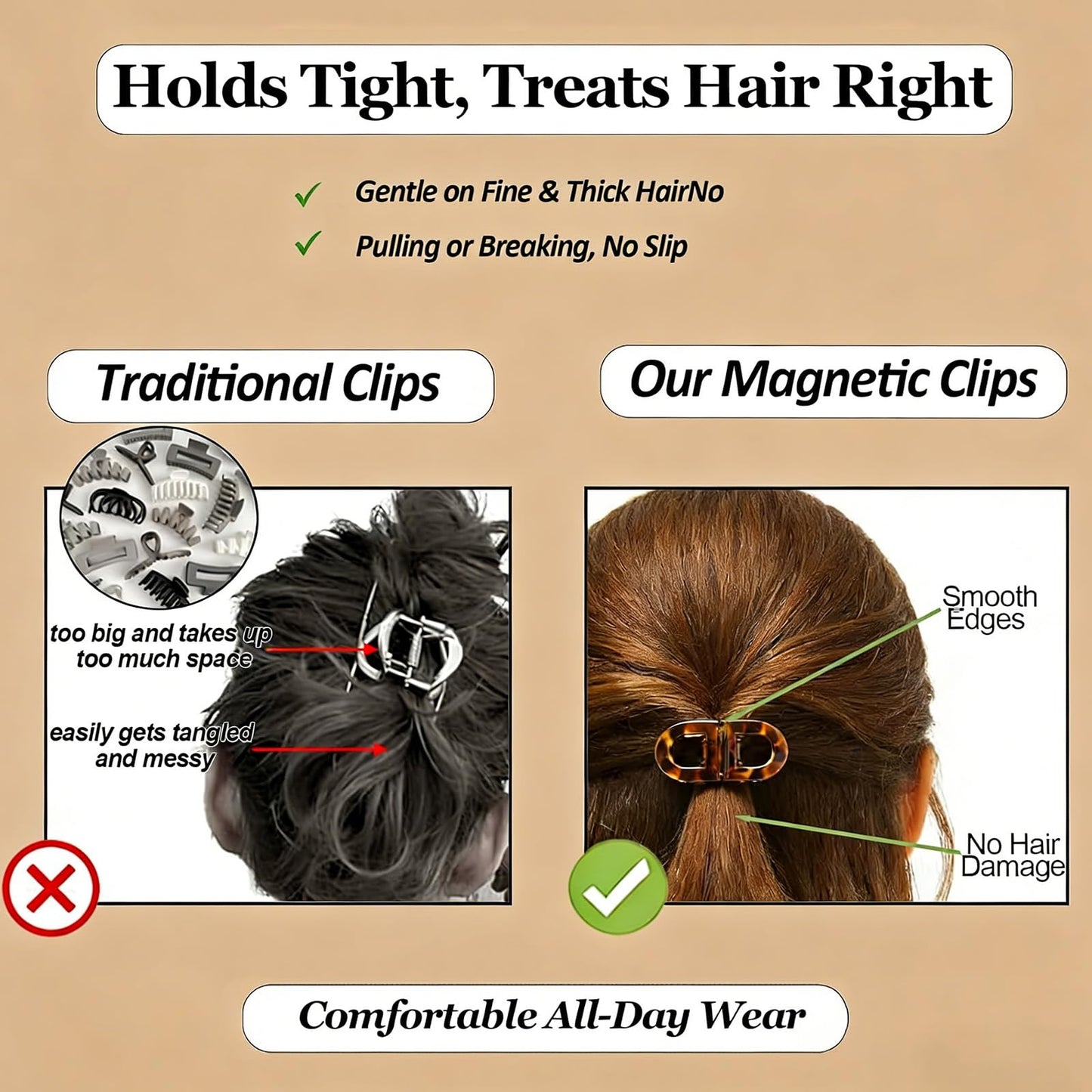 3 Pcs Magnetic Hair Clips, Strong Hold No-Slip Magnetic Hair Styling Clips for Women, No Crease 2-in-1 Design for Easy Everyday Hairstyles, Gentle on All Hair Types
