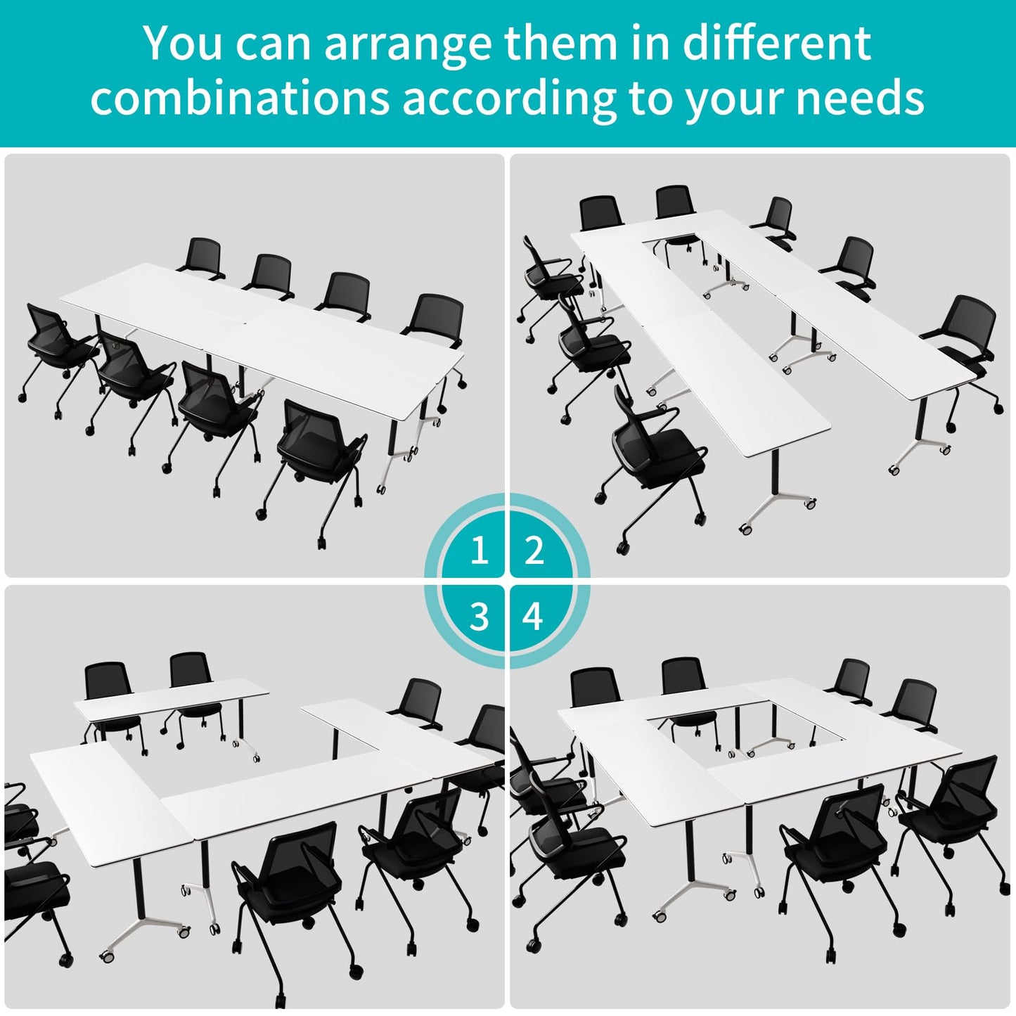 ZanyCajole Conference Room Table, Folding Conference Table with Silent Wheels, Modular Flip Top Mobile Training Tables for Office, Training Room, Meeting Rooms, School, 2-16 Person (8, White, 55.1in)