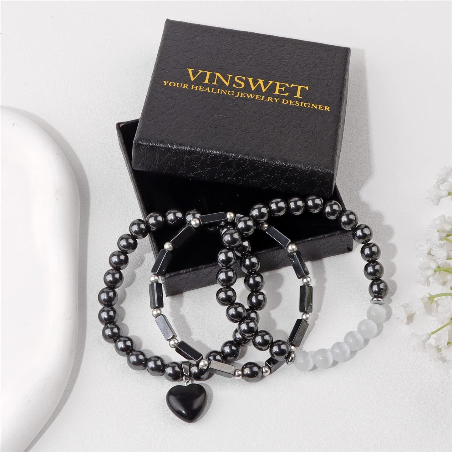 Vinswet Healing Crystal Beaded Bracelets for Women,Natural Hematite Moonstone Gemstones Bracelet,Anxiety Stress Relief Heart Charm Bracelet Handmade Black Jewelry Gifts for Women (3pcs)