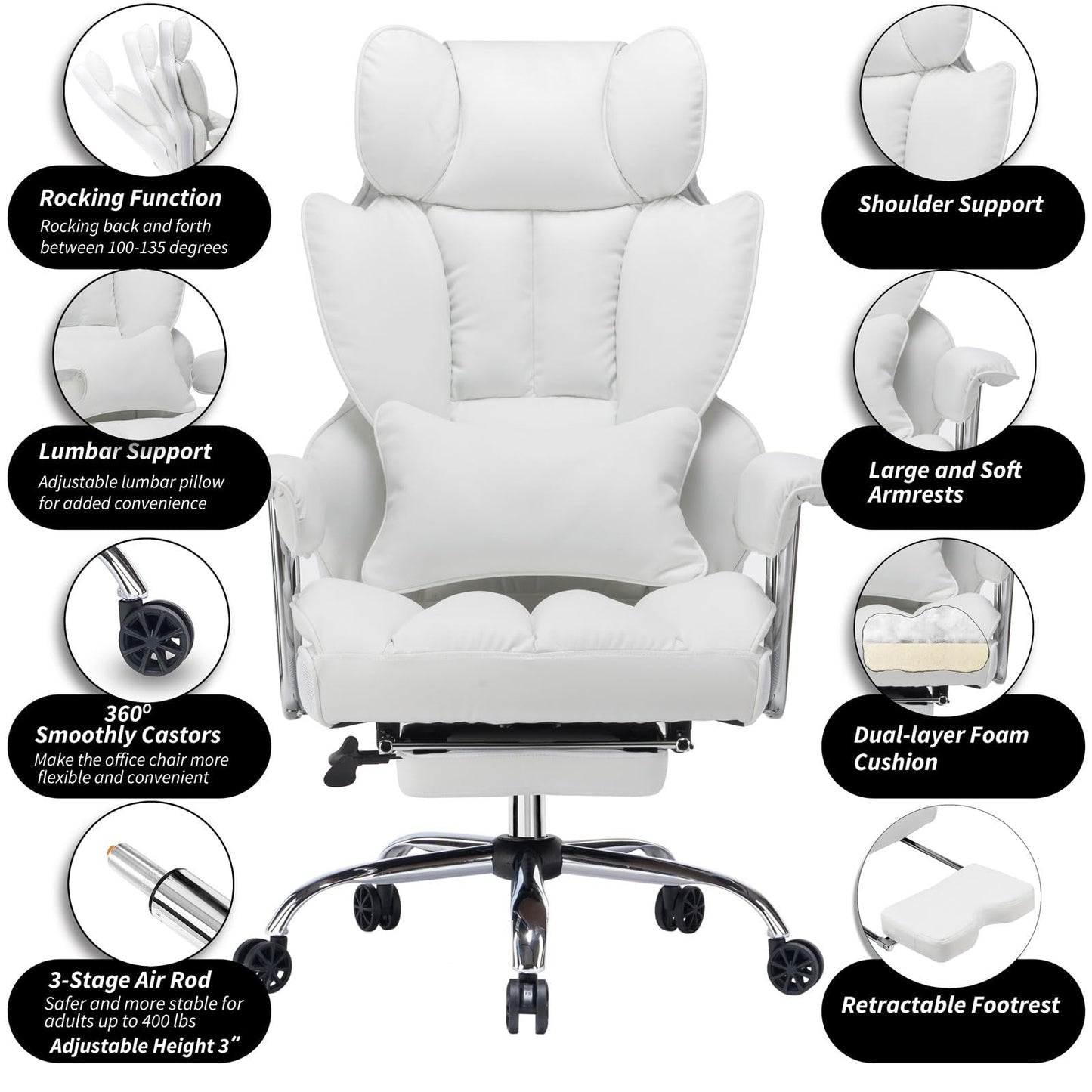 Efomao Big and Tall Office Chair 400lbs – High Back Executive Chair with Swivel Base, PU Leather Upholstery, Lumbar Pillow, Padded Armrests, and Rolling Wheels，White Computer Chair