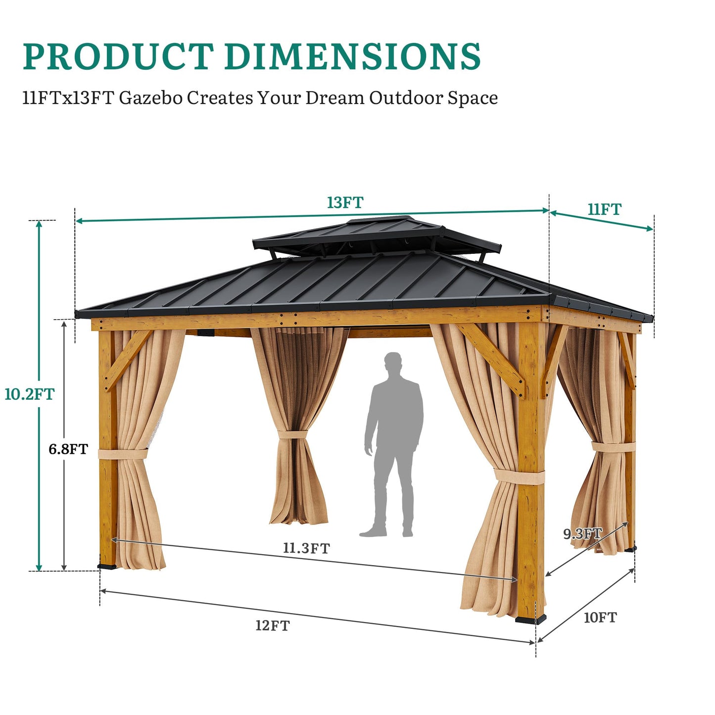 YITAHOME 11x13ft Wood Gazebo Outdoor Wooden Frame Double Roof Hardtop Galvanized Steel Top Canopy w/Curtain and Netting, Patio Heavy Duty Gazebo for Deck, Backyard, Beige Yellow