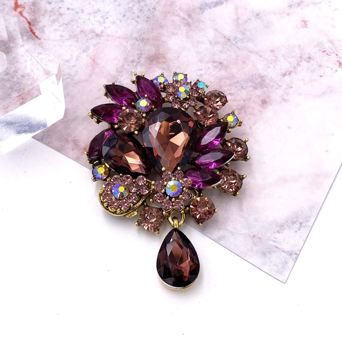 LAXPICOL Wedding Bridal Big Purple Crystal Rhinestone Bouquet Teardrop Brooch Pin for Women Golden Tone