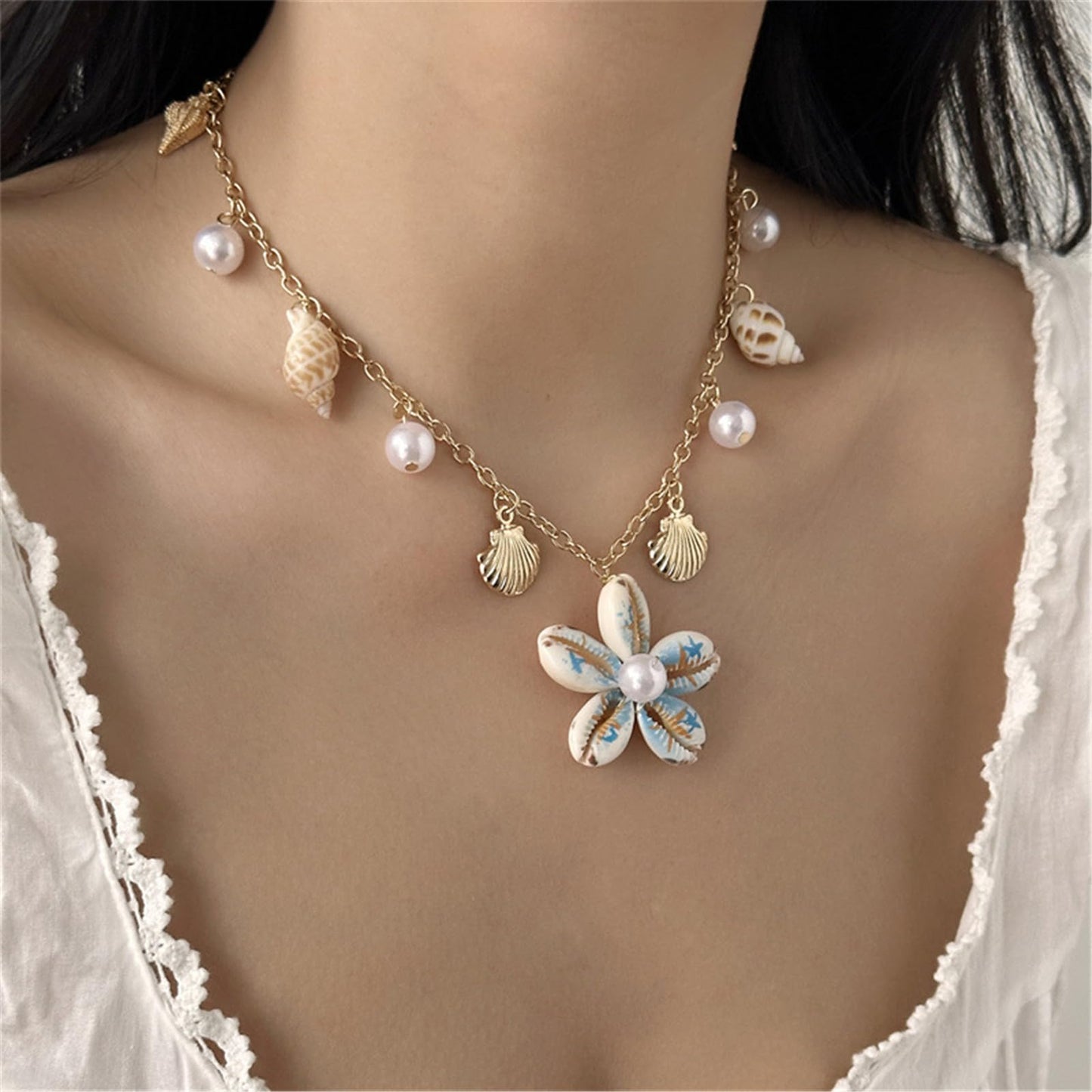 Seashell Flower Charm Necklace for Women Gold Plated Bohemian Starfish Sea Shell Cowrie Conch Floral White Pearl Ball Pendant Necklace for Ocean Summer Coastal Beach Holiday Outfits Trendy Jewelry (Blue)