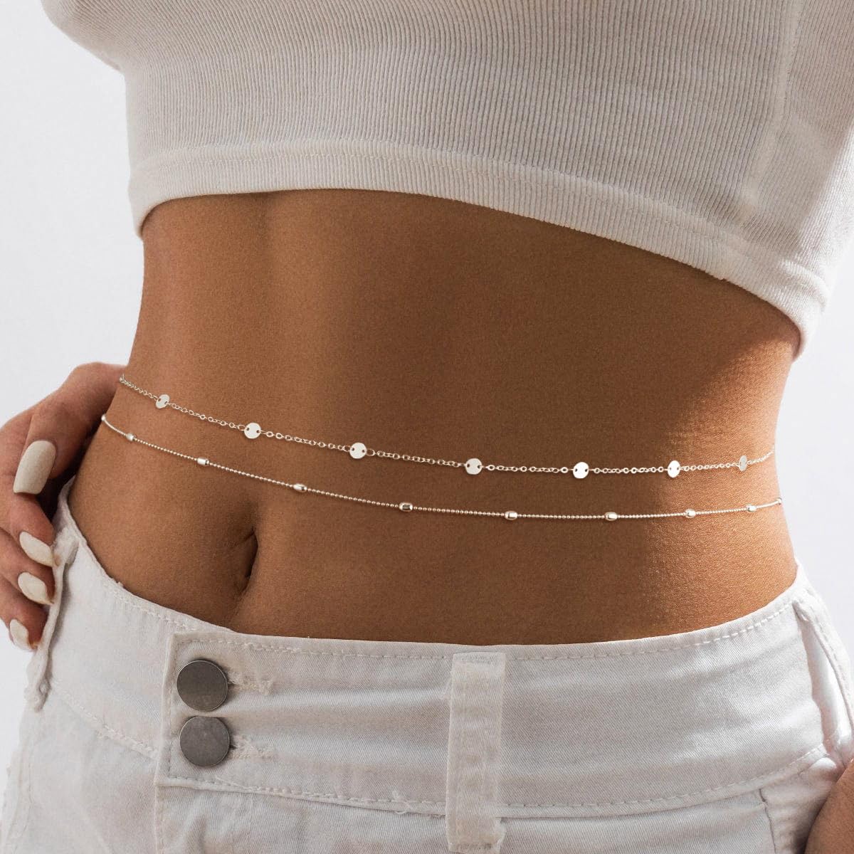 Sargetou 14K Sterling Silver Plated Waist Chain for Women Waterproof,Beaded Sequin Body Jewelry Chains Sexy Bikini 2PCS Belly Belt Beach Gift Adjustable 26.5-33Inch