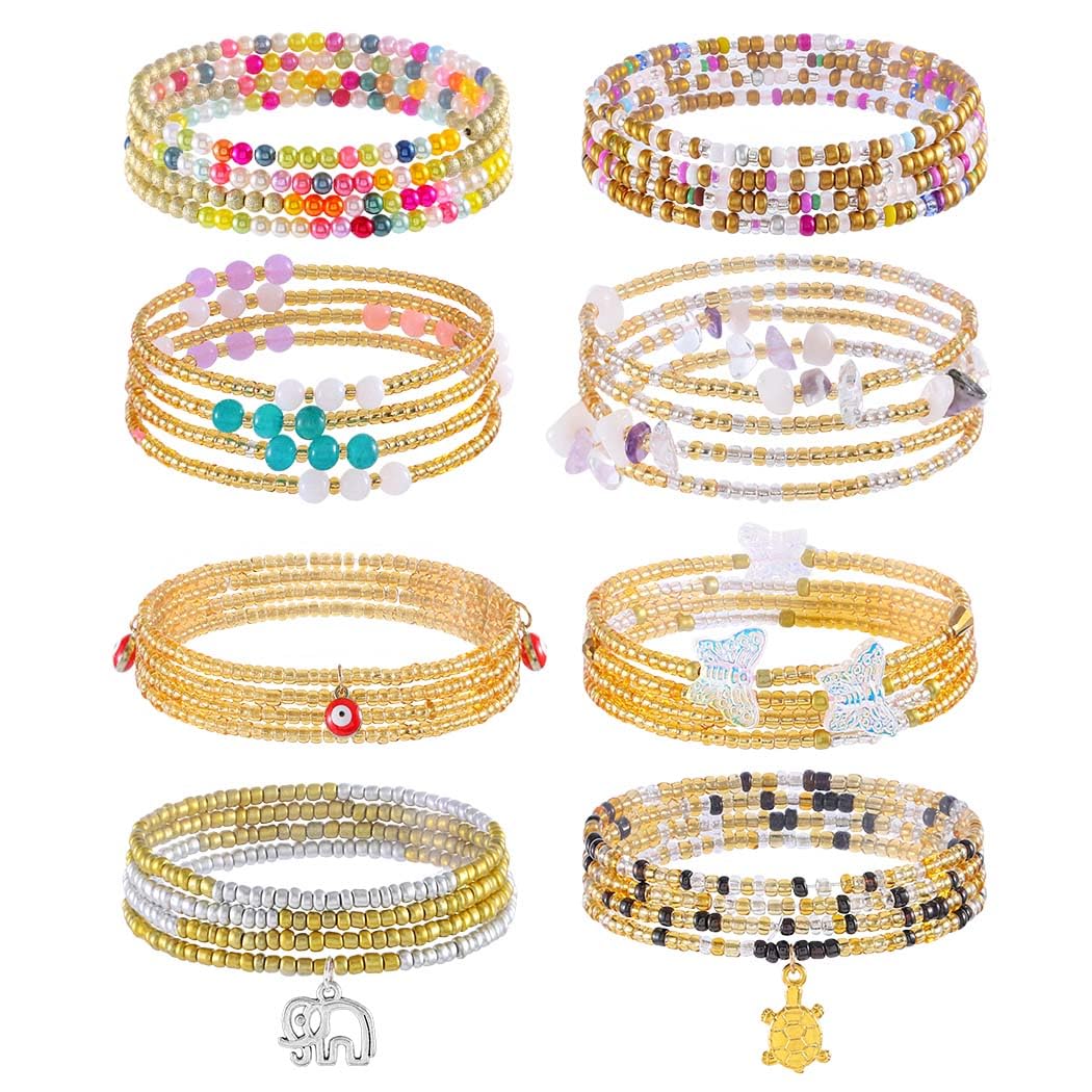 ELABEST 24-39inch African Waist Beads for Women 8Pcs Elastic Belly Beads Colorful Beaded Waist Jewelry Accessories Body Chain (Gold, 39.3inch/100cm)