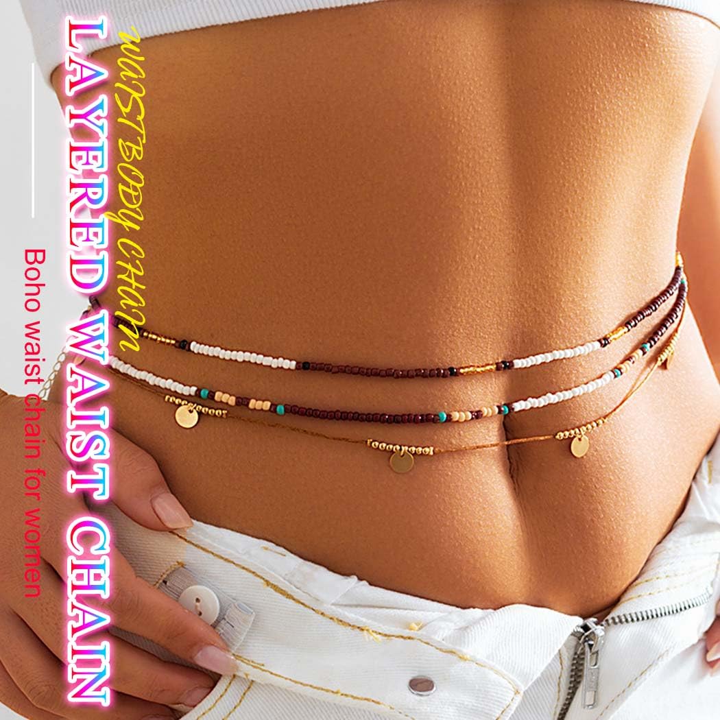 Nicute Boho Beads Belly Chain Layered Waist Chain Beach African Bikini Body Accessory for Women
