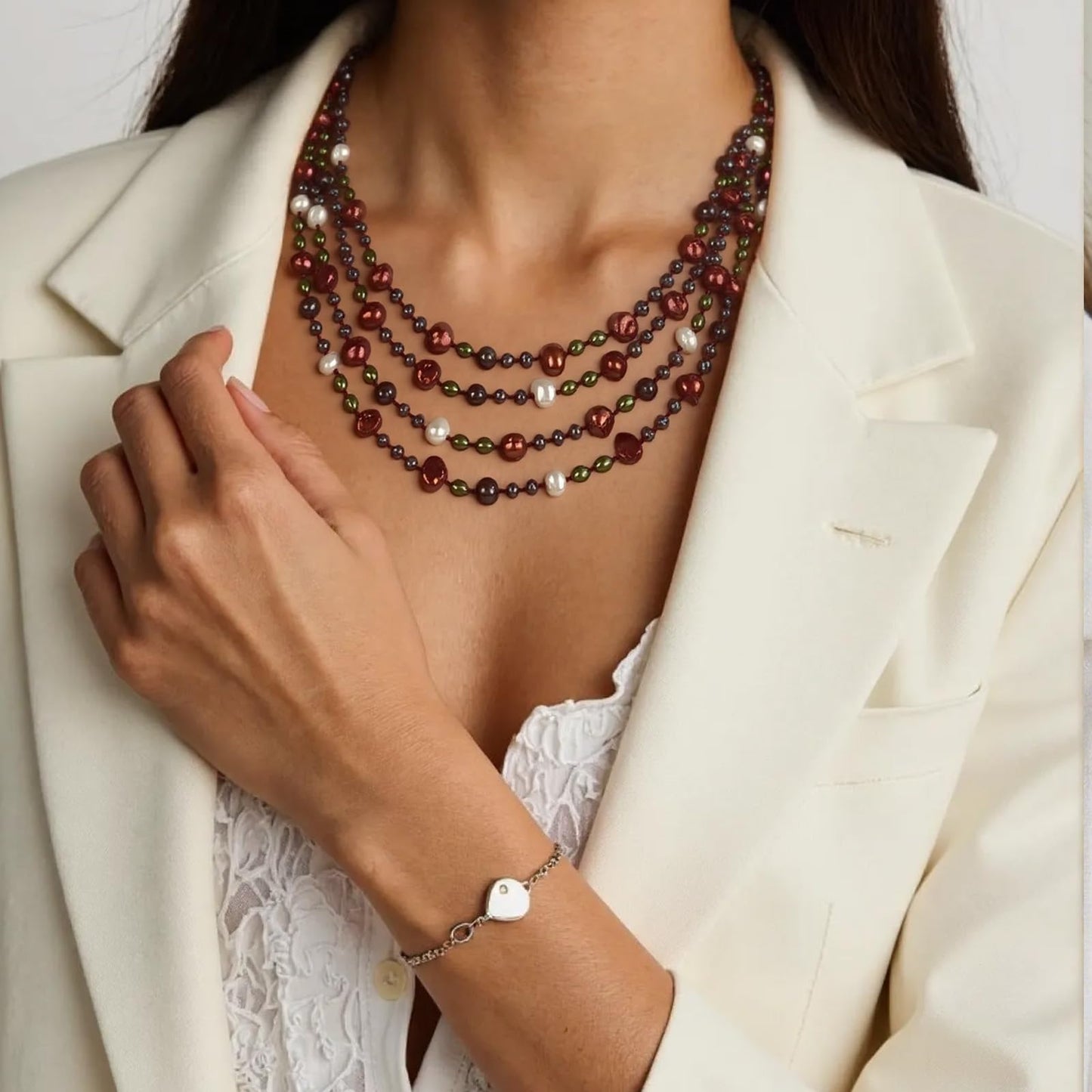 Handmade Freshwater Pearl Necklace – 4-Strand for Women 20" Elegant Long Adjustable Real Pearls Strand with Vintage Beaded Charms Baroque Pearl Luxury Jewelry Gift