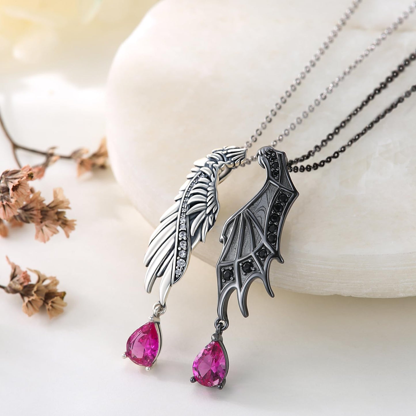 OHAYOO Angel Wings Couples Necklace, 925 Sterling Silver Gothic Angel and Devil Wing Necklace, Couple Jewelry Gift for Him and Her