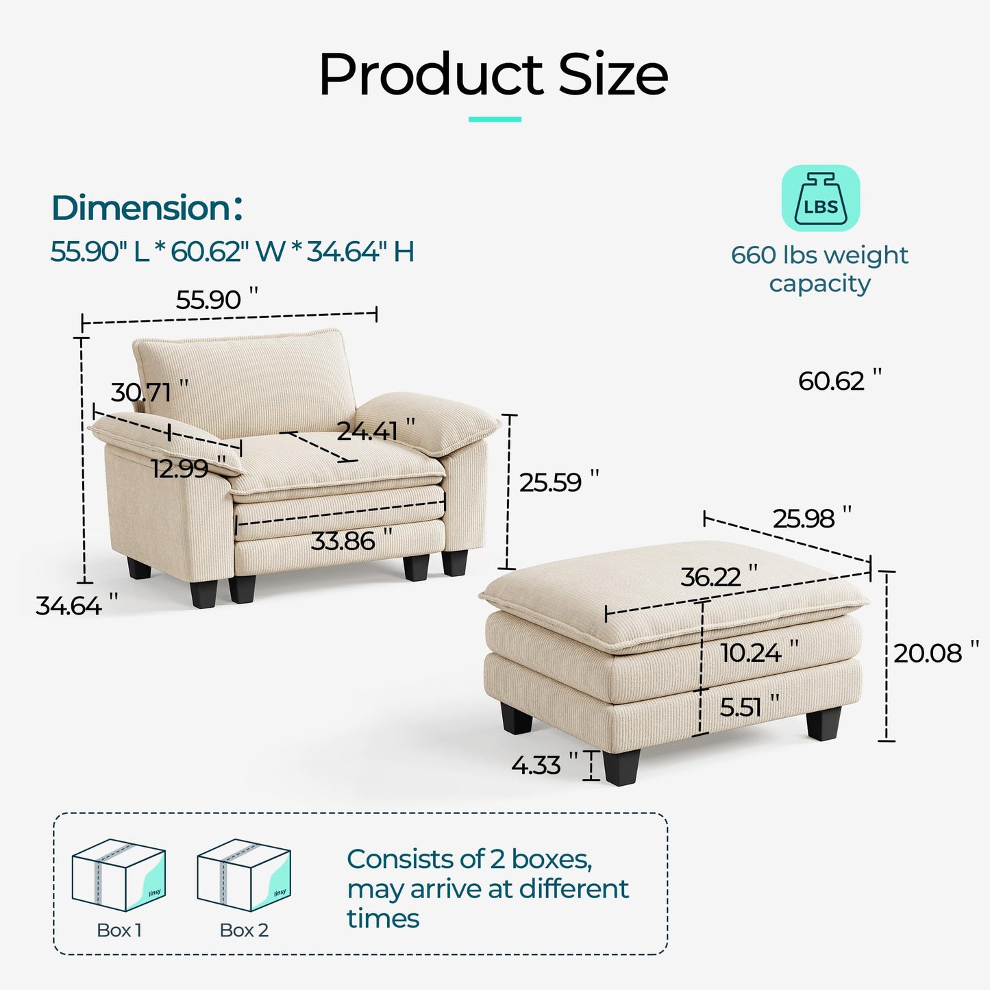 LINSY HOME Cloud Sofa Accent Chair with Ottoman Chaise Lounge Chair Indoor, Corduroy Couch Sofa Chair for Living Room Apartment Bedroom Office, Beige