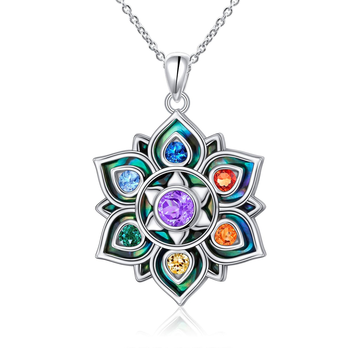 FLYOW 7 Chakra Necklace 925 Sterling Silver Lotus Flower Abalone Shell Yoga Energy Balance Pendant Spiritual Healing Jewelry Birthday Gifts for Anxiety Stress Relief Balancing Meditation