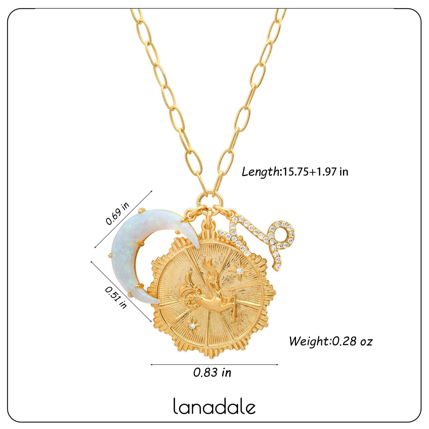 Lanadale Dainty Gold Capricorn Zodiac Coin Opal Crescent Moon Charm Necklace for Women Trendy 18K Gold Plated Retro Paperclip Chain 12 Constellation Horoscope Necklaces Astrology Jewelry Gifts