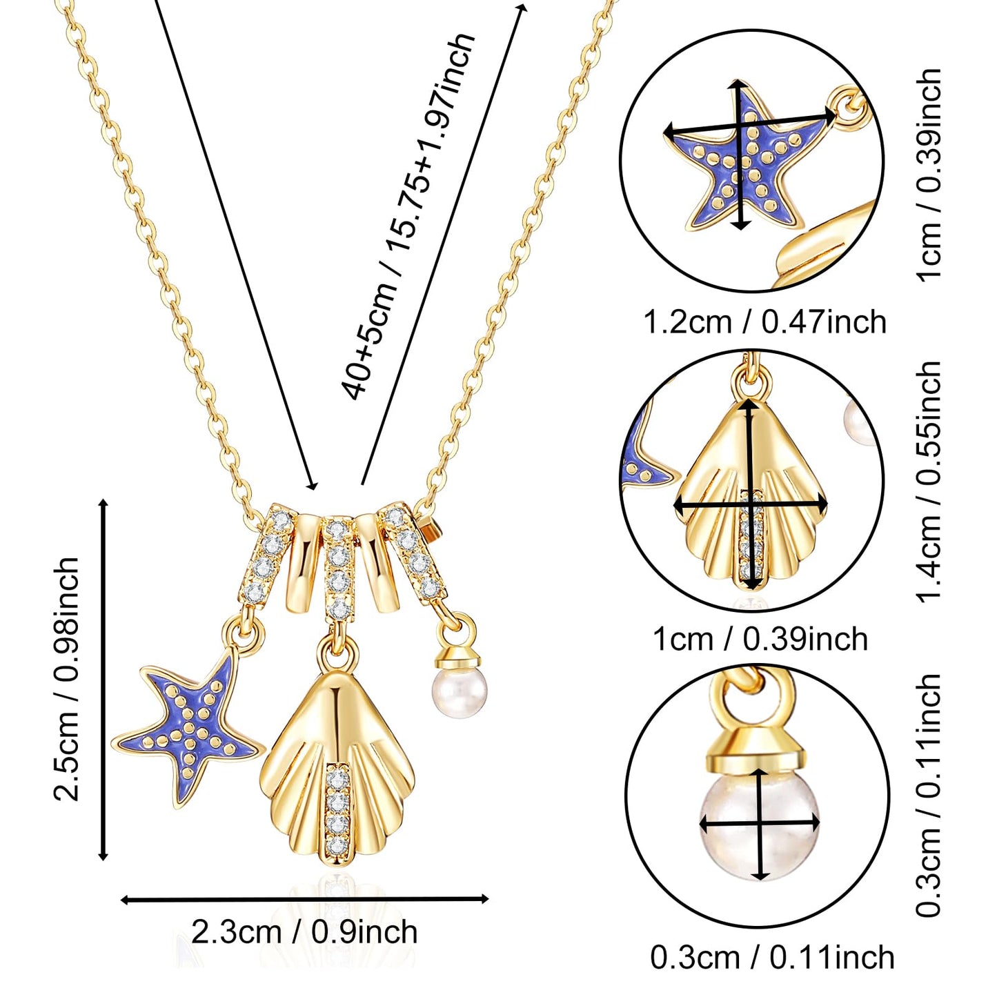 Blue Enamel Starfish And CZ Seashell Necklace For Women-Gold Plated Pearl Multi-Pendant Beachy Jewelry For Valentines Day Mother's Day Christmas Birthday Gifts