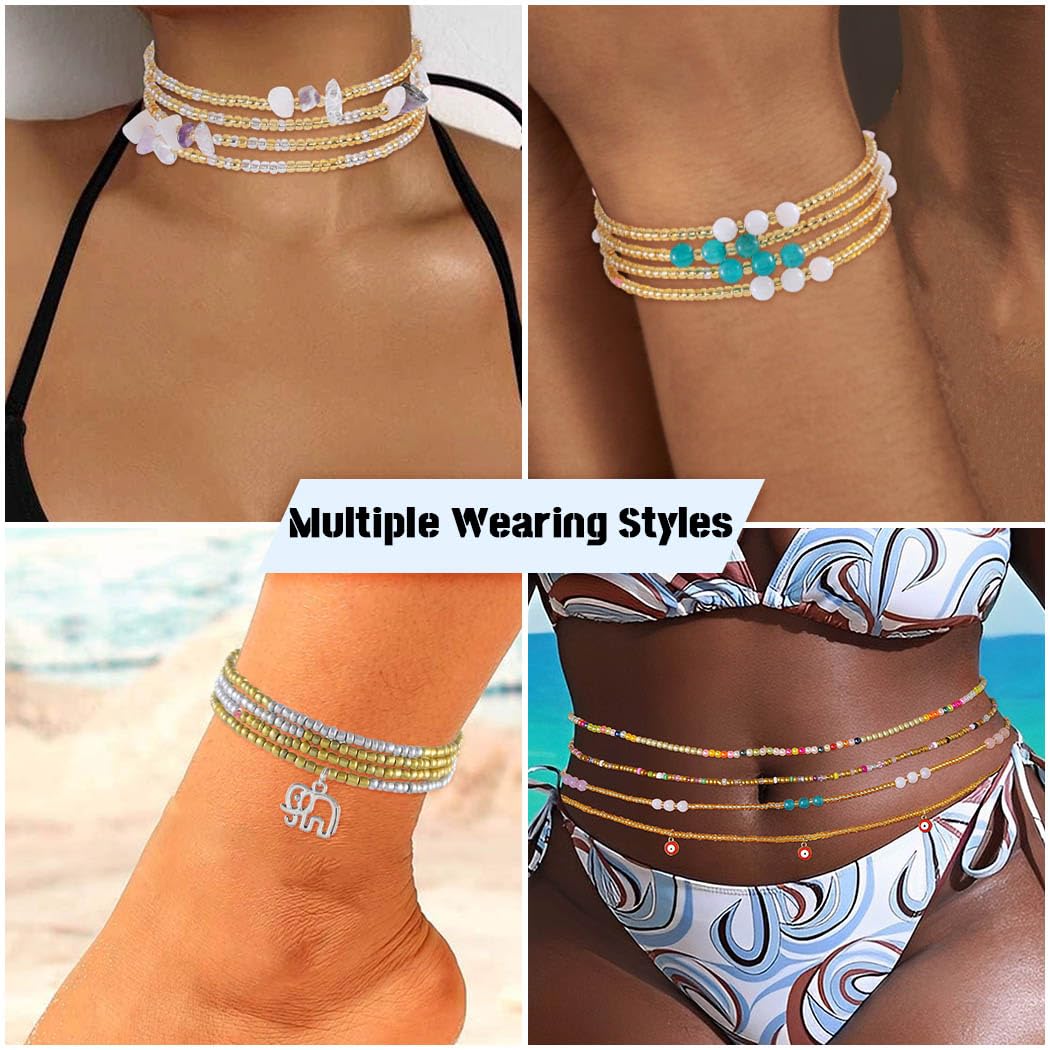 ELABEST 24-39inch African Waist Beads for Women 8Pcs Elastic Belly Beads Colorful Beaded Waist Jewelry Accessories Body Chain (Gold, 39.3inch/100cm)