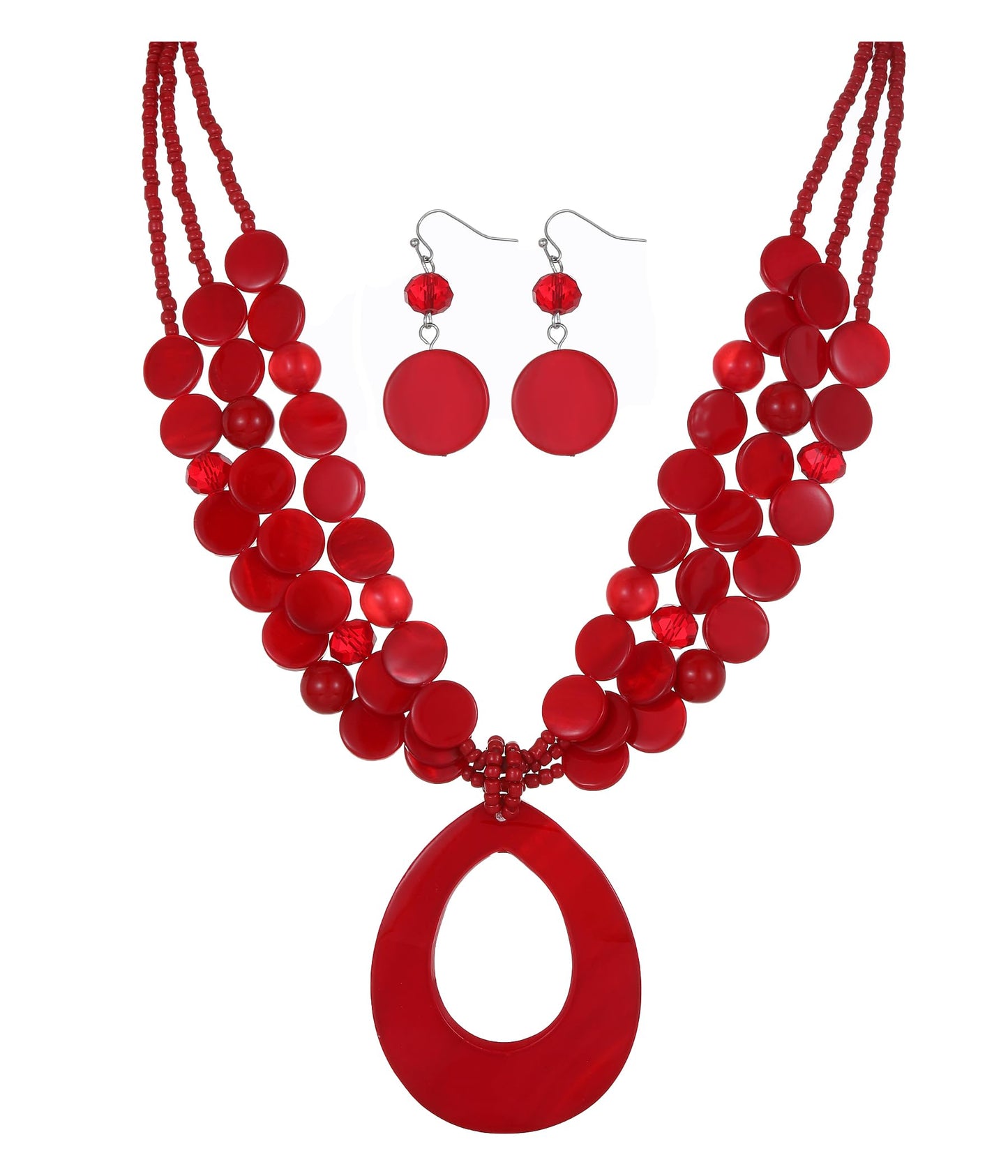 Aenu Multi-Strand Beaded Necklace with Teardrop Pendant Colorful Beads Statement Jewelry Set for Women (Red)