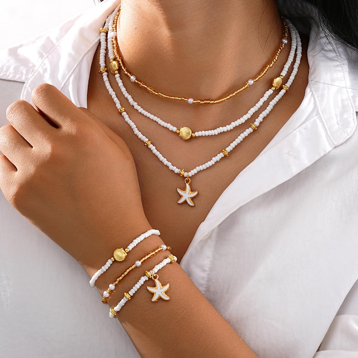 Seashell Necklace Beach Jewelry for Women Starfish Fish Necklace Boho Pearl Choker Sea Shell Necklaces for Women Beach Necklaces Summer Vacation Jewelry (Style5)