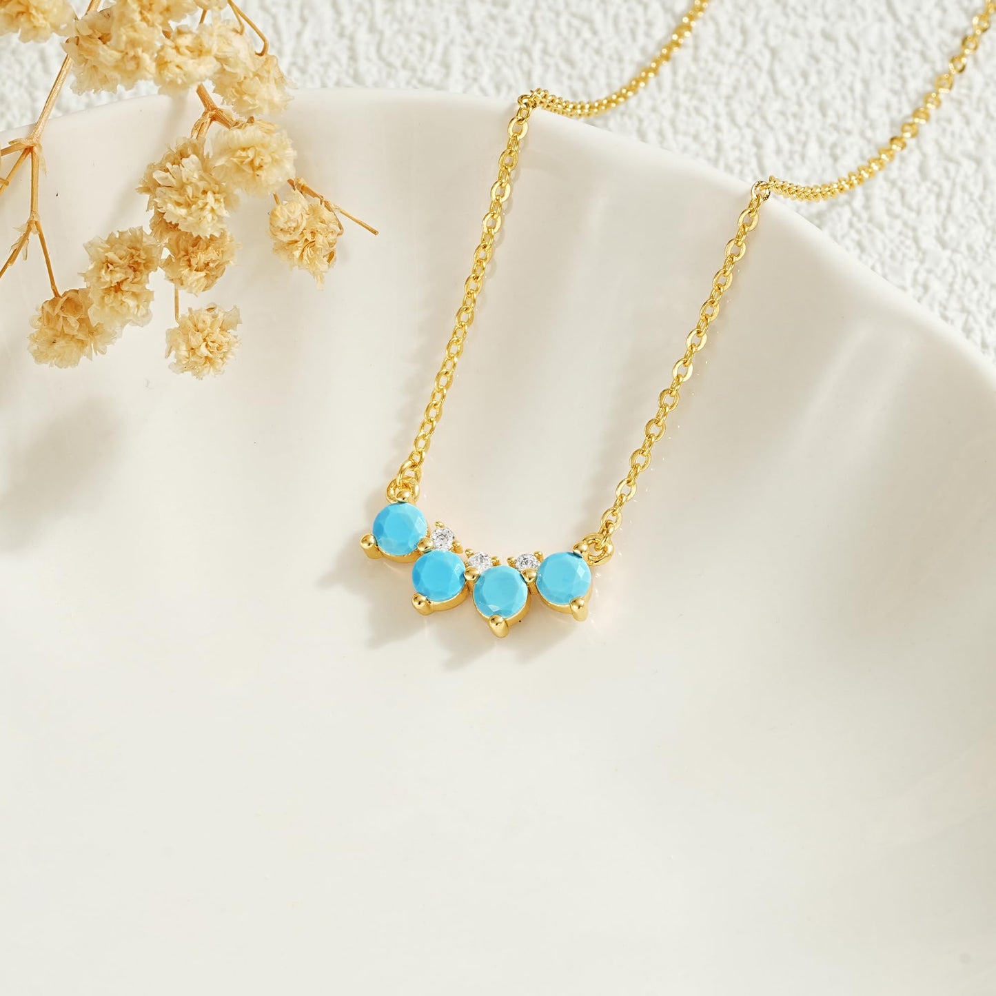 LOLAR RAY V-Shaped Turquoise Necklace 14K Gold Plated Gemstone & Cubic Zirconia Dainty Pendant Adjustable Chain Delicate Gift for Women
