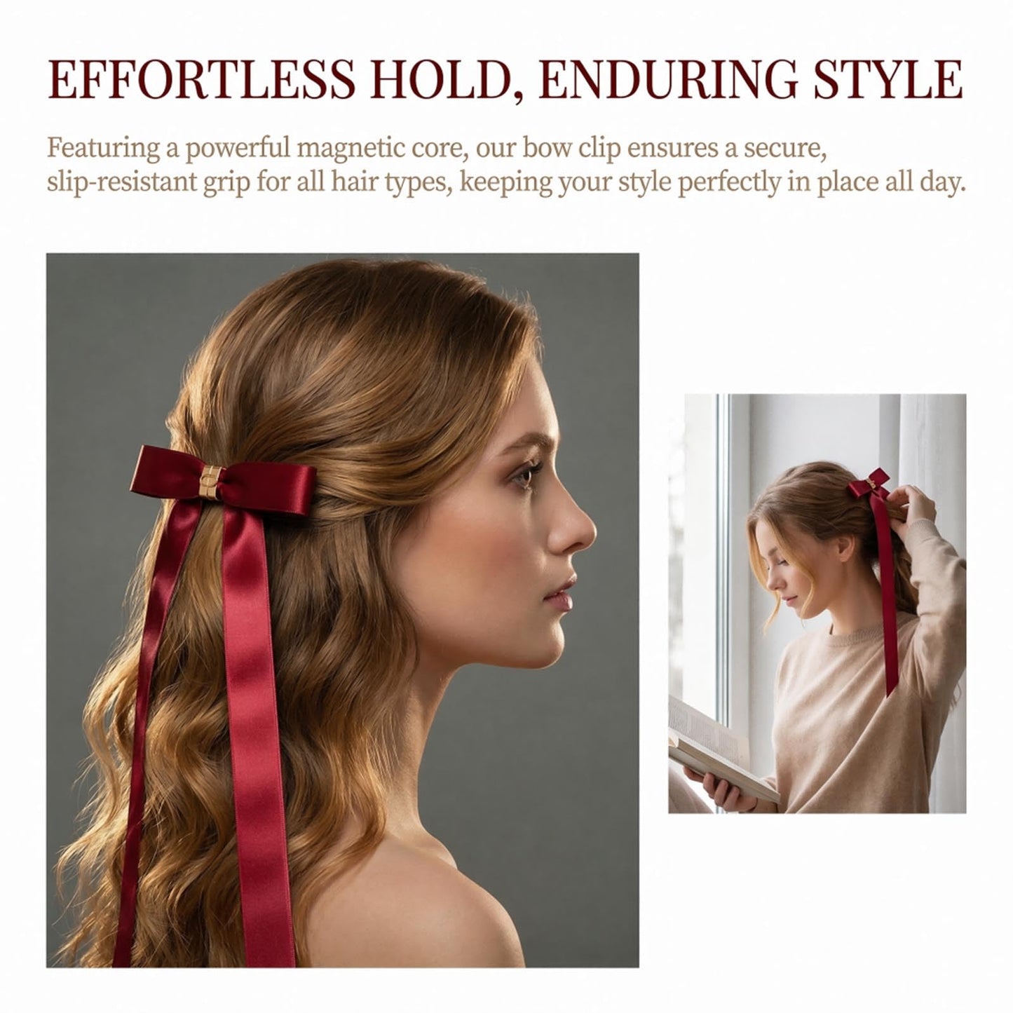 ASTRULUME 2Pcs Magnetic Hair Bows, Satin Ribbon coquette Bow Clips with Strong Hold No-Slip Design, 2-in-1 Instant Snap-On Hair Accessories for Women Girls(Red)