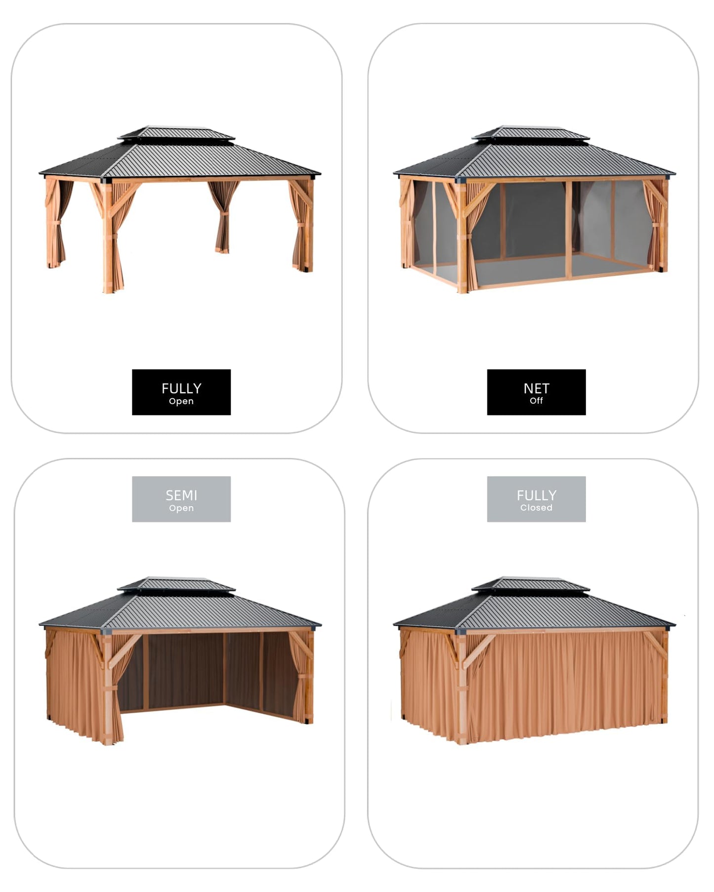 10x12 ft Hardtop Wood Gazebo for All Weather, Double Metal Roof, Heavy Duty Cedar Frame, Curtains & Netting, Permanent Outdoor Pavilion for Patio, Deck, Backyard, Lawn, Garden, Khaki
