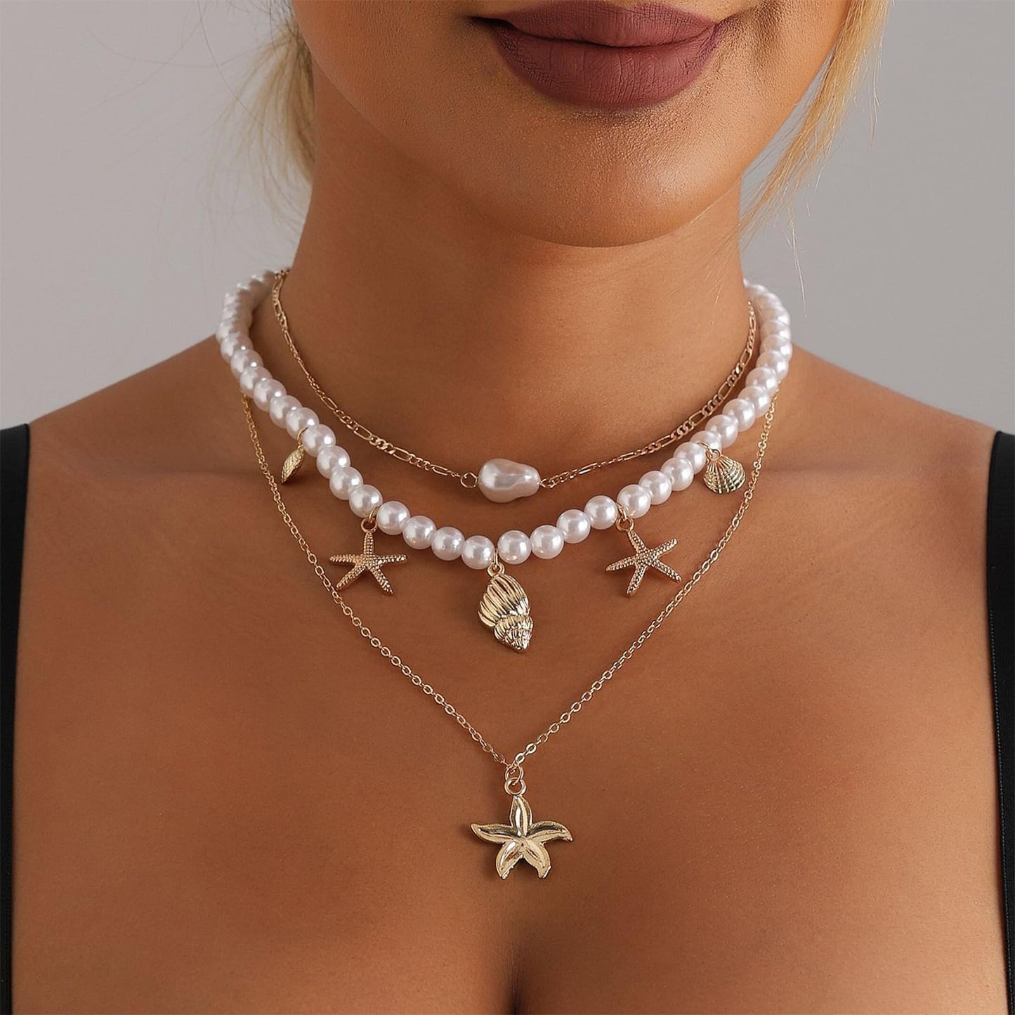 Frodete Starfish Necklace for Women Beach Necklaces Jewelry Layered Choker Drop Dangle Summer Vacation Outfits Theme Conch Seashell Accessories Ocean Pendant Dress Costume