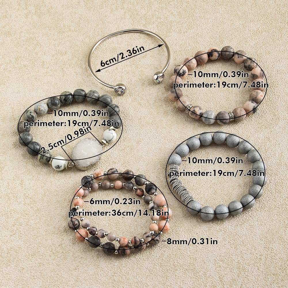 Yomisa Boho Beaded Bracelets/Bangle for Women,Multilayer Wrap 5PCS Healing Natural Zebra Jasper Stone Bead Bracelets Stackable Friendship Stretch Beaded Bracelet Set Trendy Bohemian Jewelry Gift
