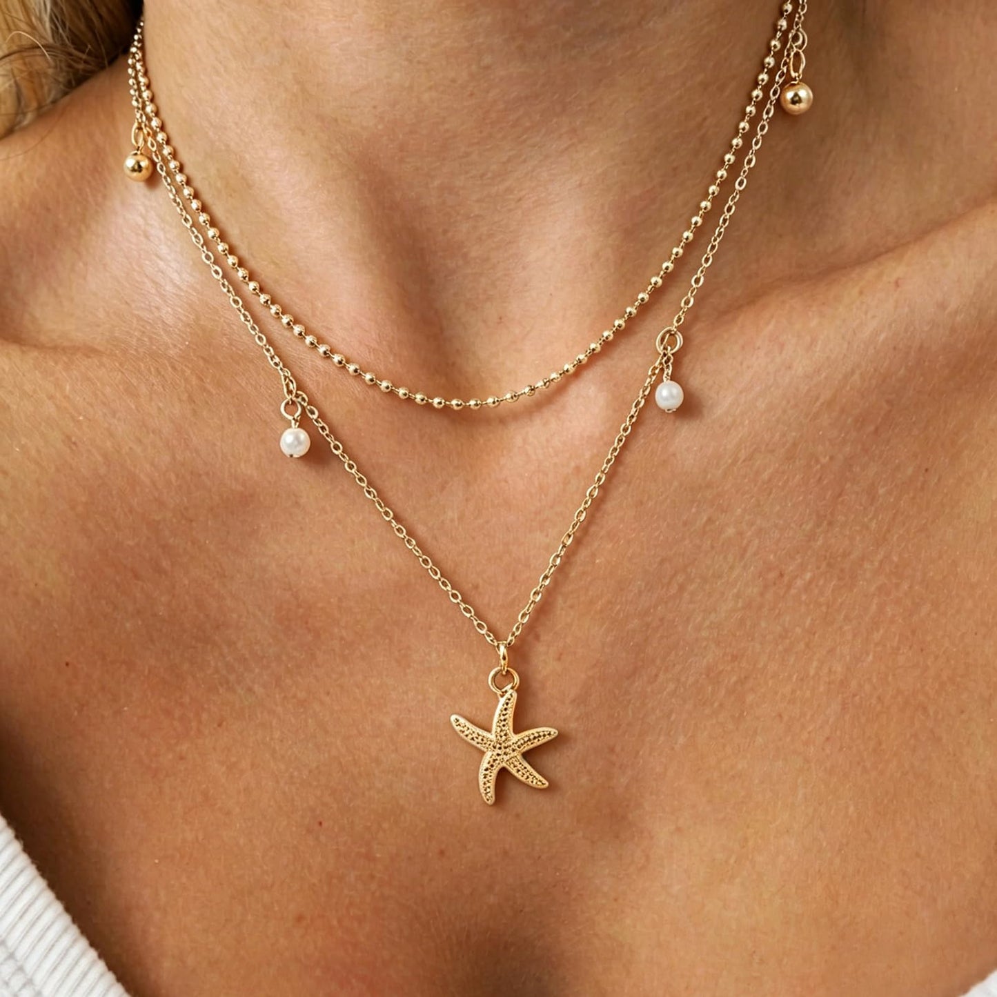Starfish Shell Necklace for Women,14k Gold Plated Silver Layered SeaShell Pearl Pendant Charm Necklaces Dainty Non Tarnish Adjustable Waterproof Beaded Necklace Stack Jewelry for Summer Beach Vacation (Gold Starfish Necklace)