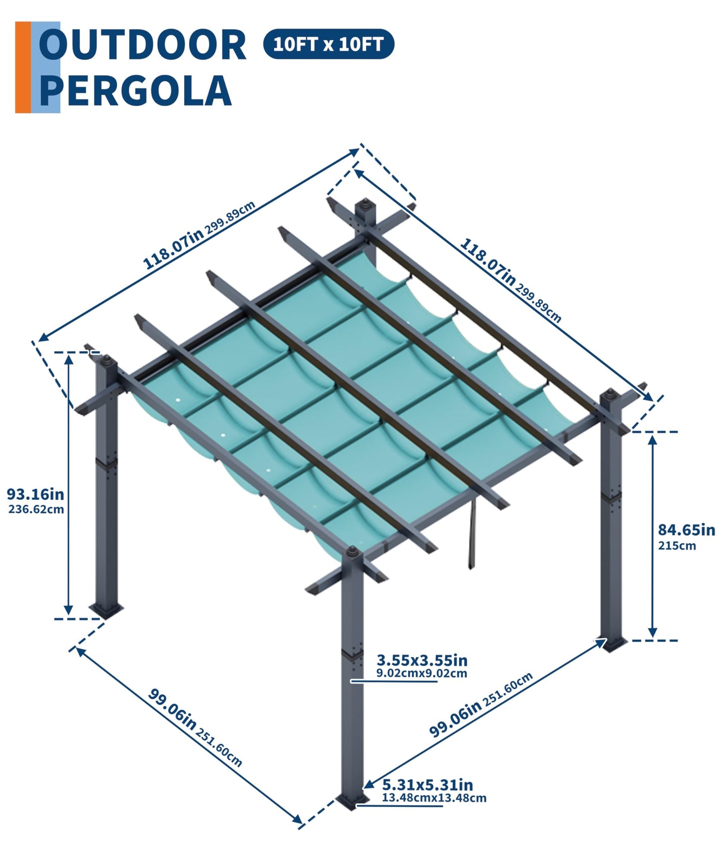 GarveeTech 10x10 ft Pergola Gazebo with Adjustable Canopy, Heavy-Duty Aluminum Sun Shelter with Faux Wood Finish for Outdoor Patio, Deck & Garden, Blue+White