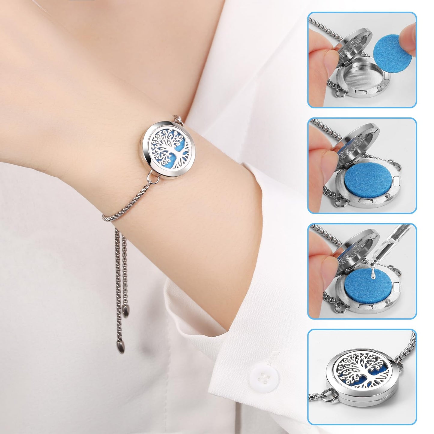 Aromatherapy Essential Oil Diffuser Bracelet, Tree of Life Pattern Locket Adjustable Link for Women Birthday Jewelry Gifts Trendy for Wife Mothers（Silver