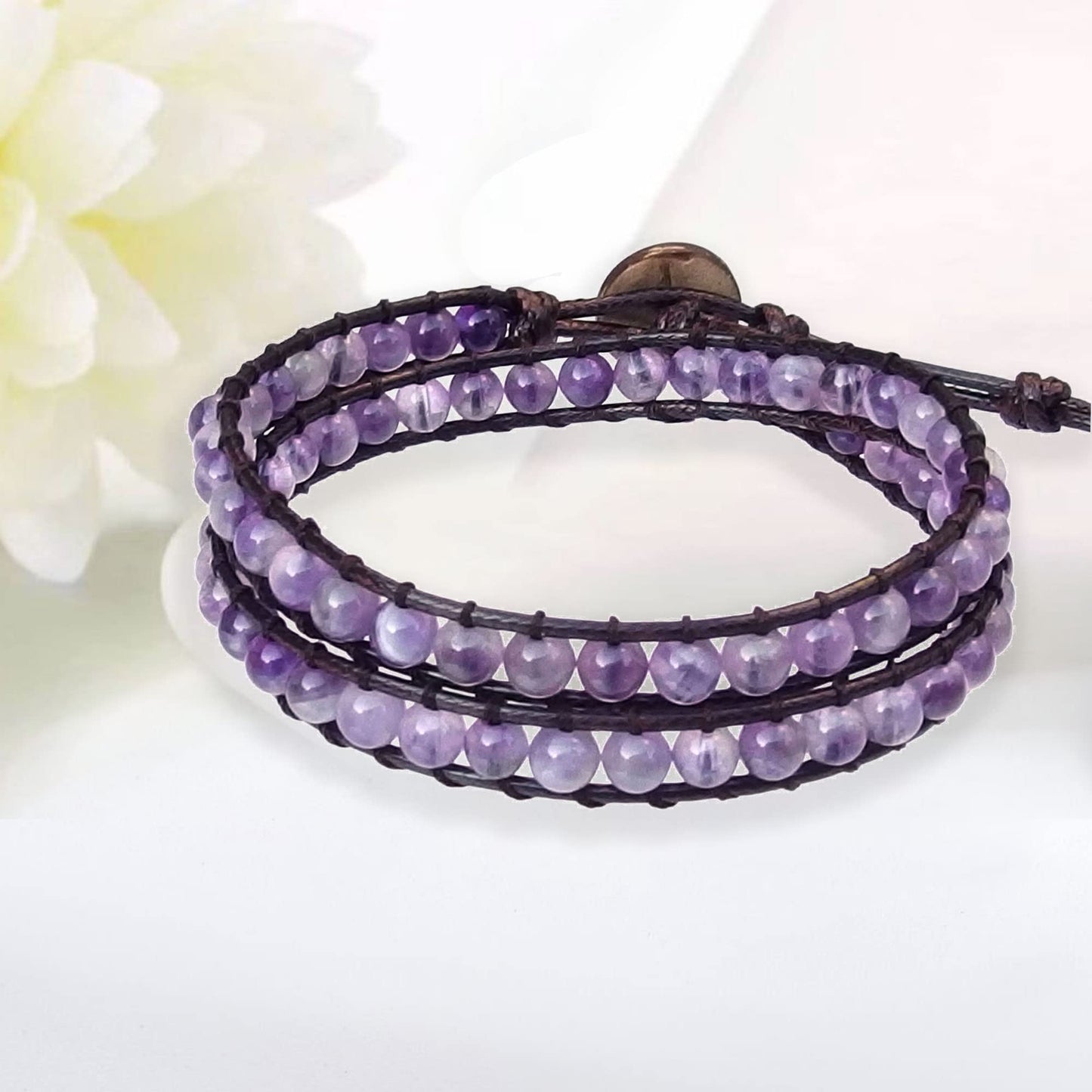 Ayriwoyi Purple Amethyst Bracelet Beaded Wrap Bracelet for Women Healing Crystal Bracelet Adjustable Natural Stone