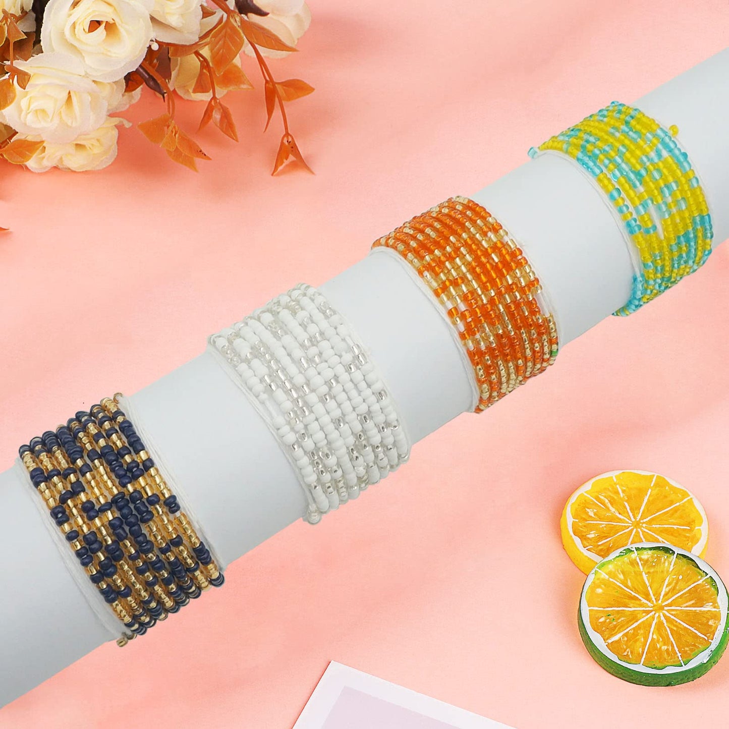 Teniinet 4PCS 50” Handmade African Waist Beads for Women Non-Stretching(Tie-on)