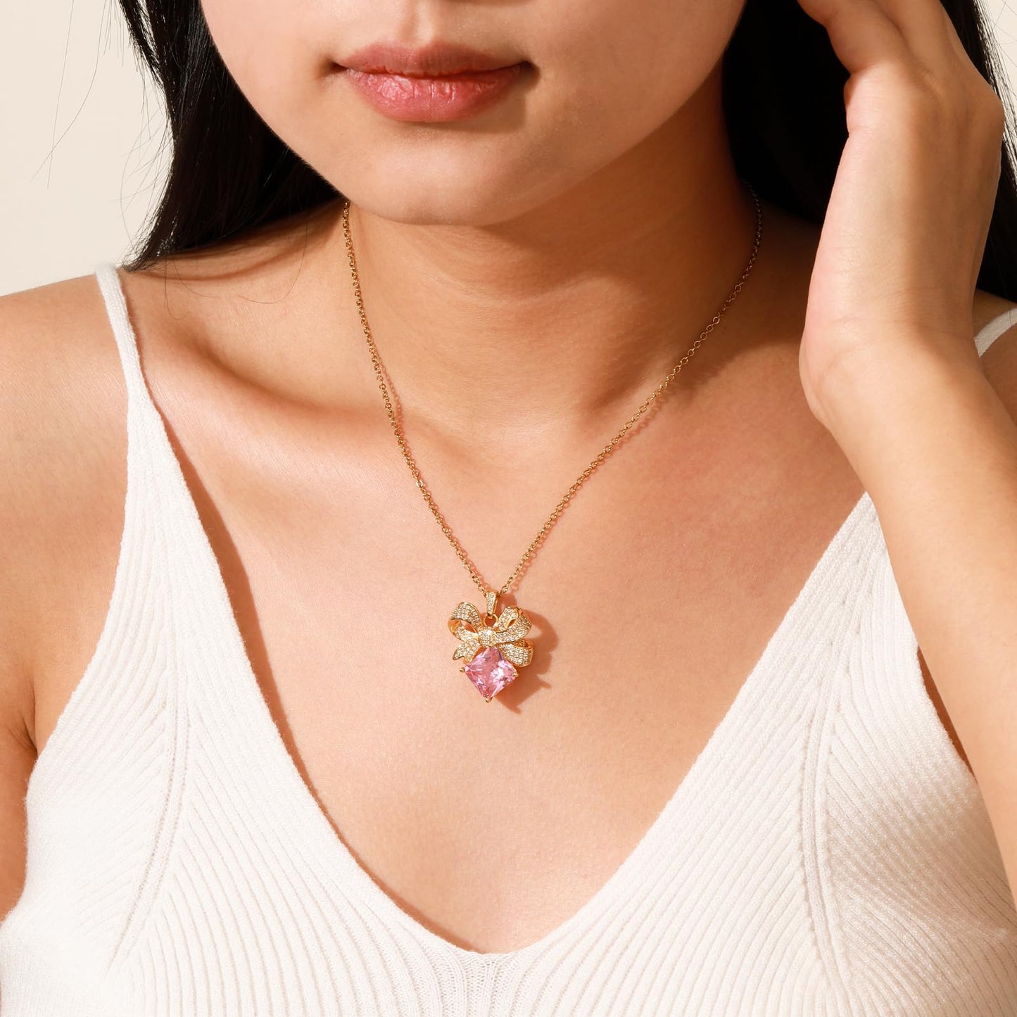 Pink Square Rose Quartz Bow Necklace for Women-Gold Plated October Birthstone Healing Crystal Vintage Necklace For Valentines Day Mother's Day Christmas Birthday Gifts