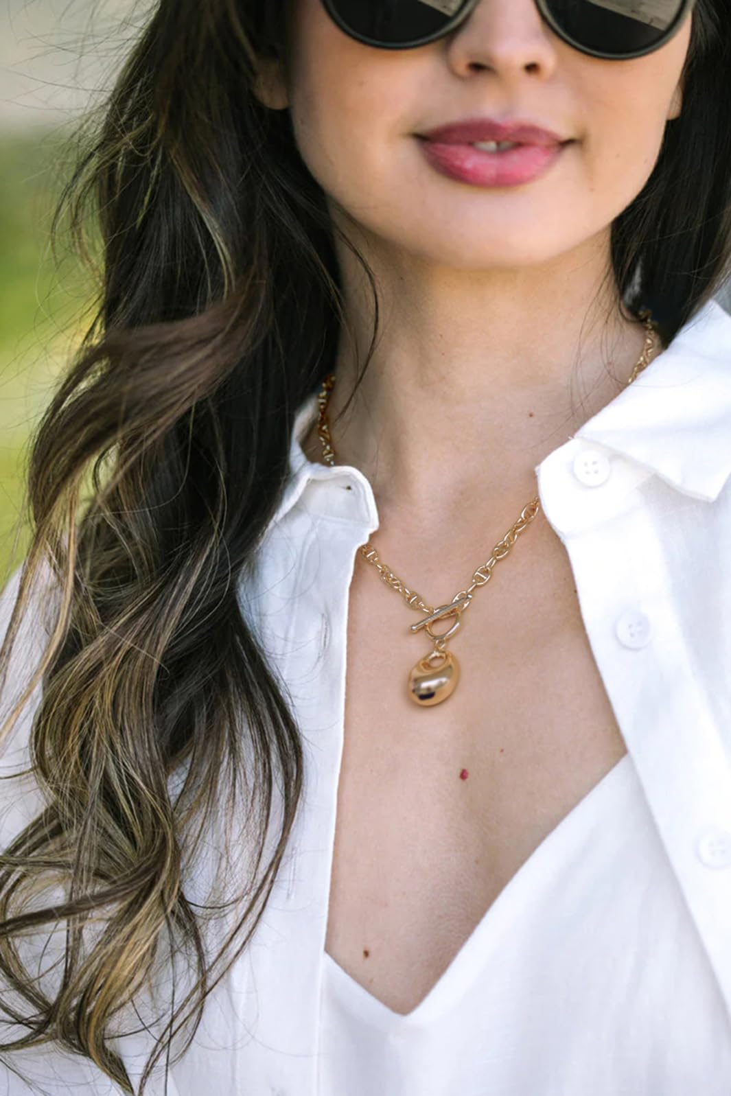 PEARLADA Statement 18k Gold Plated Teardrop Necklace, Pebble Pendant Mariner Chain Necklace with Trendy Toggle Clasp