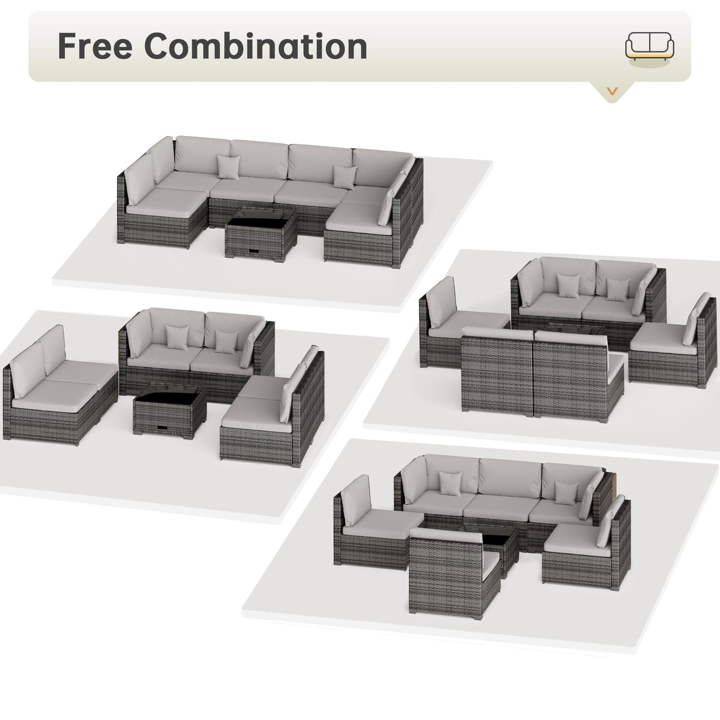 LHBcraft 7 Piece Patio Outdoor Furniture Set, Outdoor Sectional, All-Weather Hand-Woven Wicker Patio Sectional Sofa, Rattan Outside Furniture with Grey Cushion and Glass Coffee Table