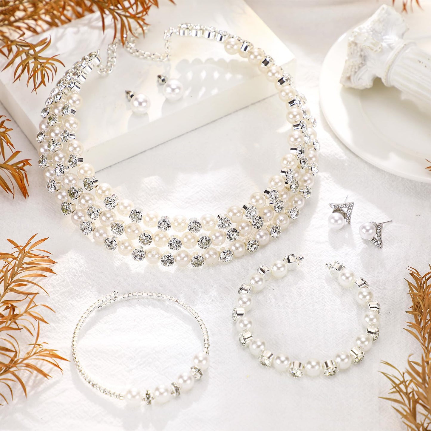 Glenmal Pearl Rhinestone Jewelry Set for Women Pearl Necklace Bracelet Earrings for Wedding Birthday Bridal Shower Tea Party(Exquisite Style)