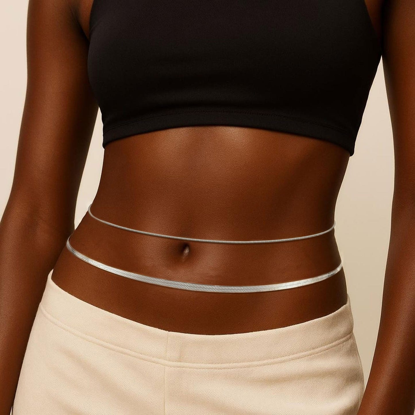 HERSIN Waist Chain for Women, Silver Plated Layered Belly Belt Chains Beach Waist Beads Chain Waterproof Snake Herringbone Body Chain Summer Jewelry Accessories for Women