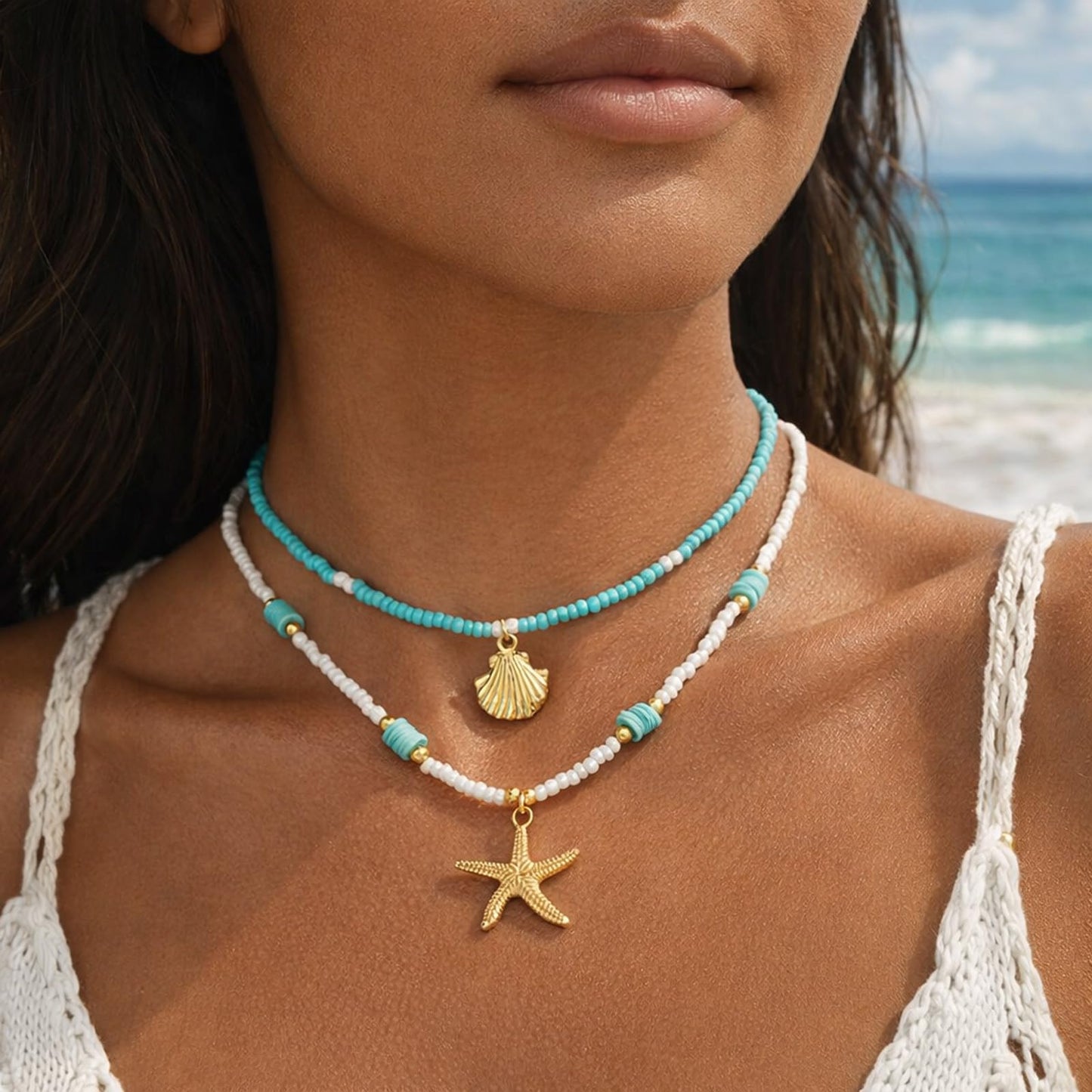 NMZH Shell Starfish Pendant Layered Necklace Set，2 Pcs Boho Y2k Blue White Beaded Gold Seashell Star Charm Choker Summer Beach Ocean Dainty Adjustable Trendy for Women Jewelry Gifts (Blue)