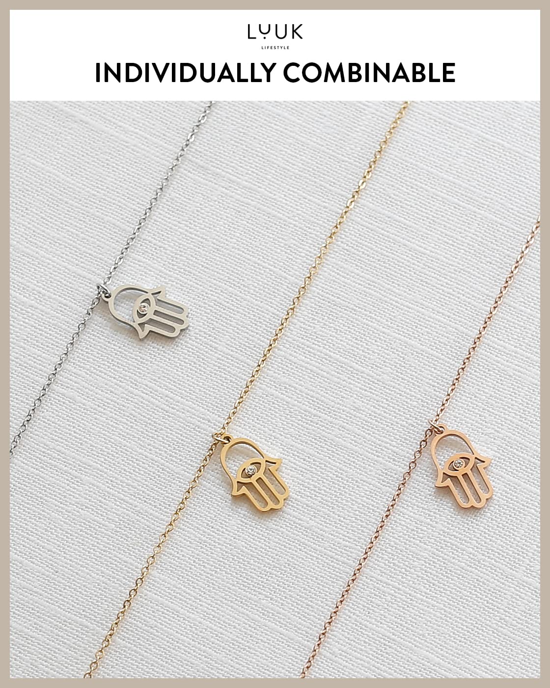 LUUK LIFESTYLE Stainless steel filigree necklace with hand pendant Fatima | Hamsa and HAPPINESS gift card, lucky charm with oriental symbol, feminine jewel from the southern countries, rose gold