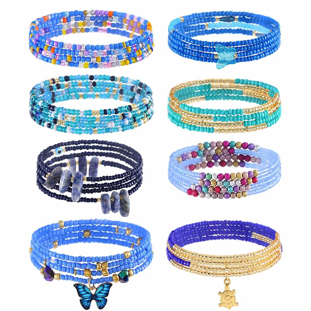 ELABEST 24-39inch African Waist Beads for Women 8Pcs Elastic Belly Beads Colorful Beaded Waist Jewelry Accessories Body Chain (Blue, 31.5inch/80cm)