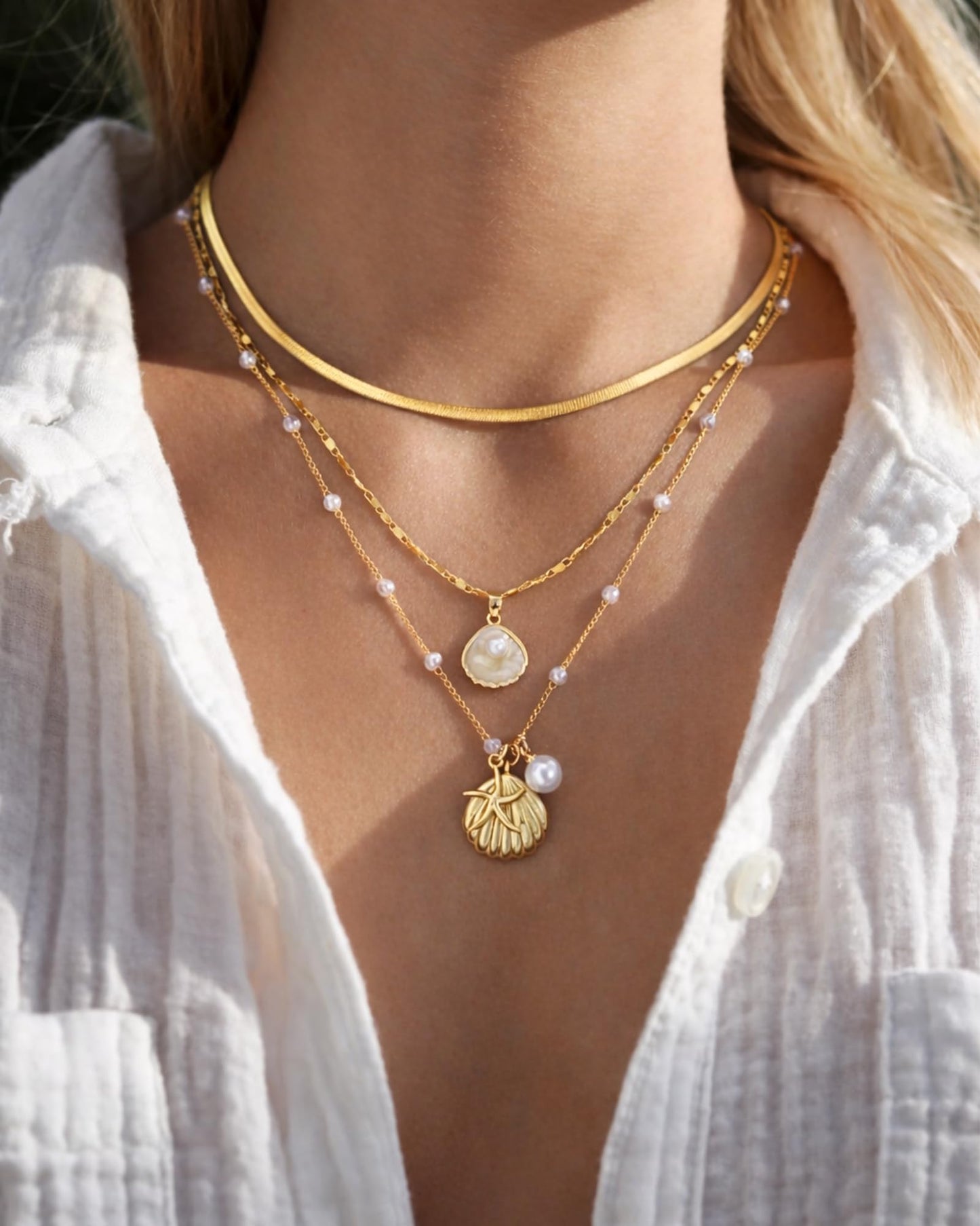 iF YOU Gold Necklace for Women, Layered Gold Seashell Necklace Set, Beach Themed Charm Necklace with Starfish and Flower Pendants, Dainty Gold Jewelry for Women (GOLD-01)