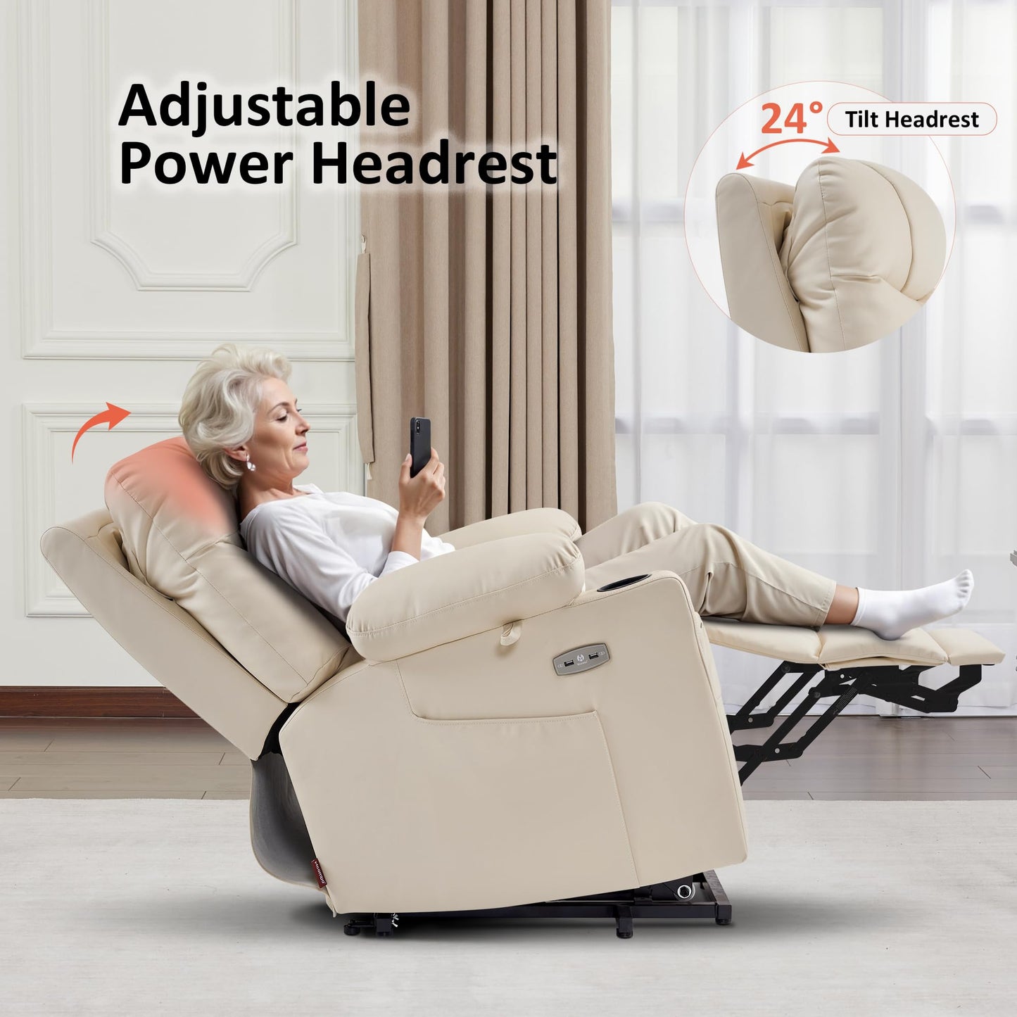 MCombo Small Power Lift Recliner Chair Sofa with Massage and Dual Heating, Adjustable Headrest for Elderly People Petite, USB Ports, Faux Leather 7111 (Cream White)