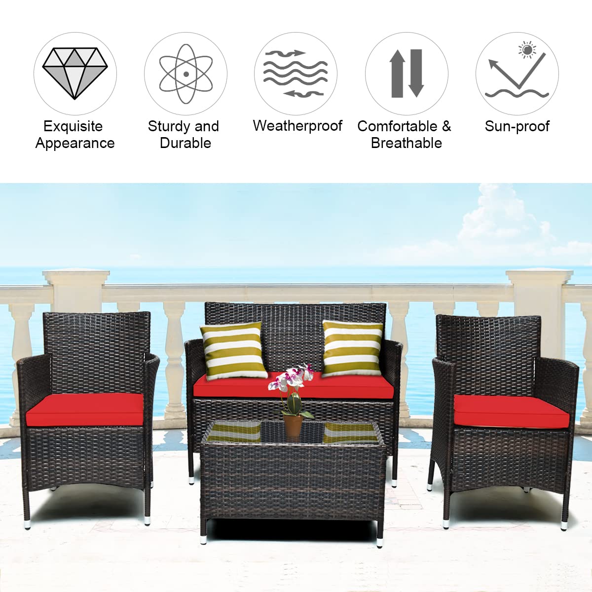 COSTWAY 8PCS Rattan Patio Furniture Set, Outdoor Wicker Rattan Chairs with Coffee Table, Rattan Cushioned Conversation Set for Backyard Balcony Porch Poolside, Red